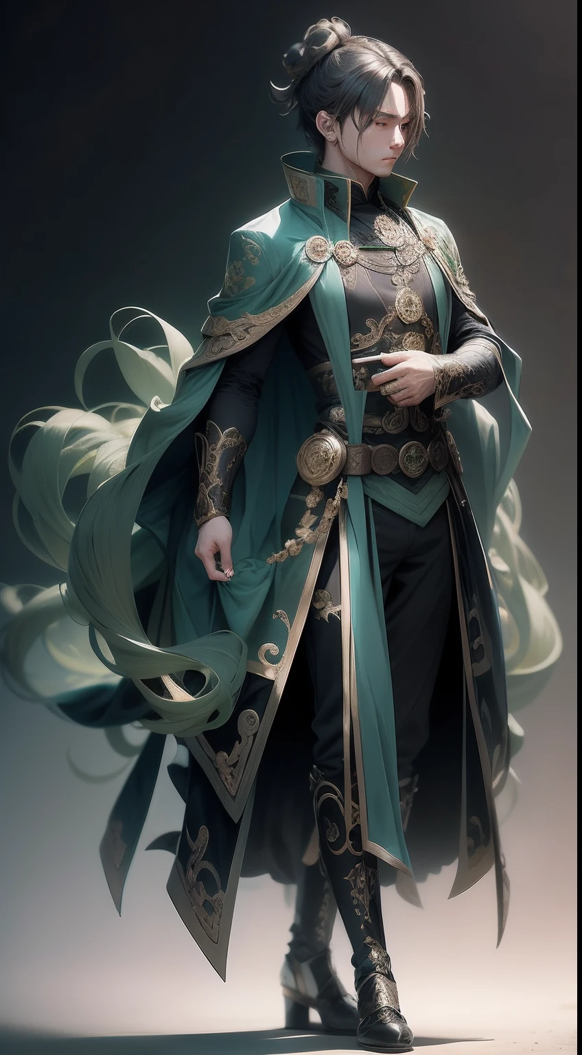Anime people are good - detailed costumes, Inspired by Fenghua Zhong, ornate dark green clothing, inspired by Romano Vio, picture of a male cleric, symmetrical fullbody rendering, clothing design, front and back, Victorian clothes, expensive outfit, full - body and head view, officer, Mysterious clothes