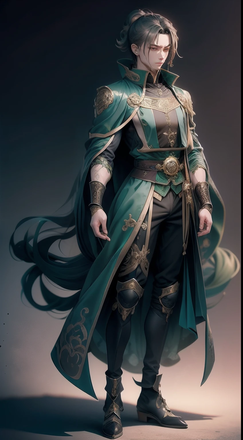Anime people are good - detailed costumes, Inspired by Fenghua Zhong, ornate dark green clothing, inspired by Romano Vio, picture of a male cleric, symmetrical fullbody rendering, clothing design, front and back, Victorian clothes, expensive outfit, full - body and head view, officer, Mysterious clothes