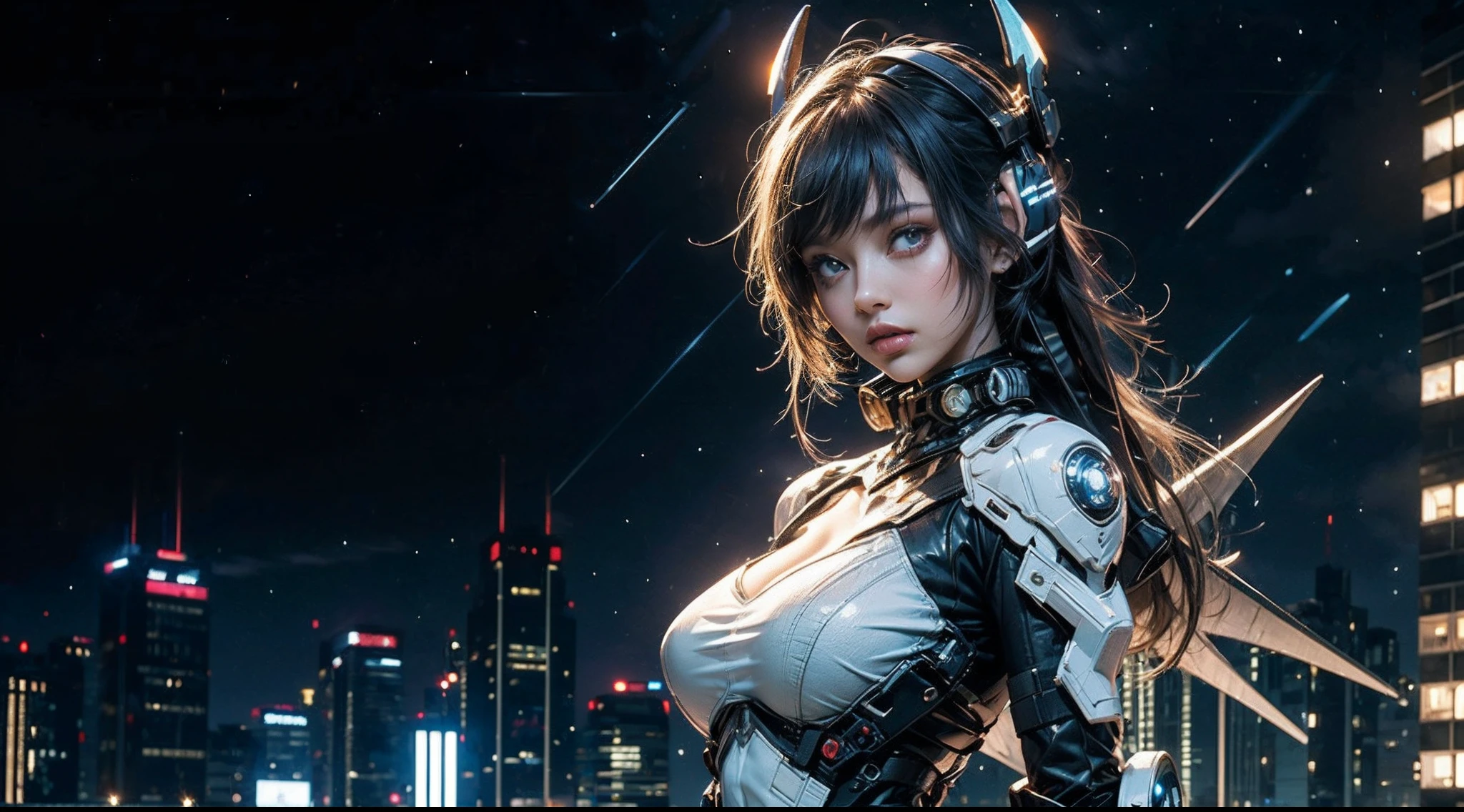 Highest image quality,Outstanding details,超高分辨率,(fidelity:1.4),The best illustration,Favor the details,Kizi,mech wings,The background is a high-tech lighting scene in the future city,Bust,Large breasts,((the night:1.8)),cyber punk perssonage,fumo,volumettic light