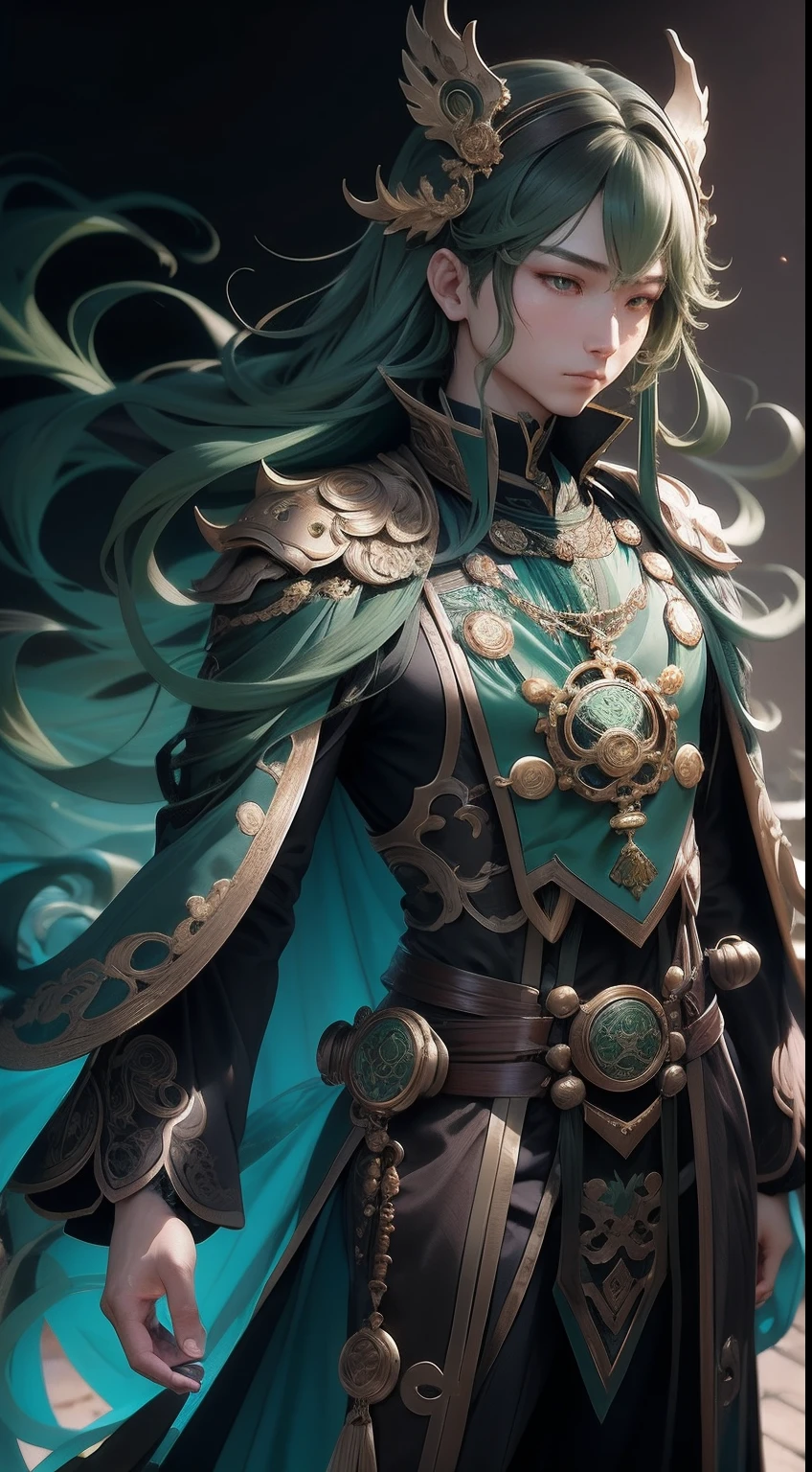 Anime people are good - detailed costumes, Inspired by Fenghua Zhong, ornate dark green clothing, inspired by Romano Vio, picture of a male cleric, symmetrical fullbody rendering, clothing design, front and back, Victorian clothes, expensive outfit, full - body and head view, officer, Mysterious clothes