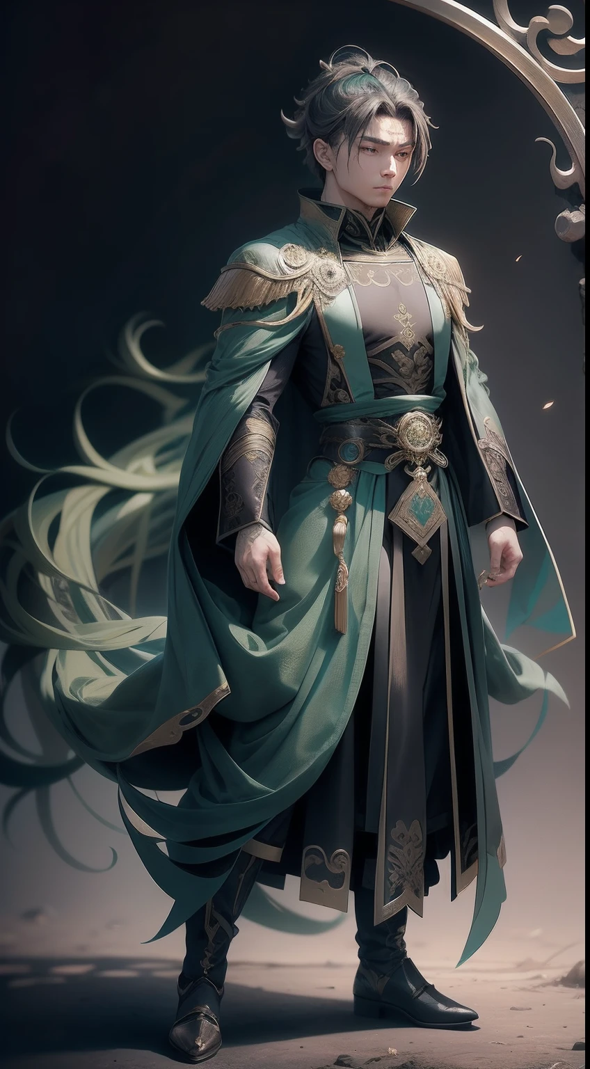 Anime people are good - detailed costumes, Inspired by Fenghua Zhong, ornate dark green clothing, inspired by Romano Vio, picture of a male cleric, symmetrical fullbody rendering, clothing design, front and back, Victorian clothes, expensive outfit, full - body and head view, officer, Mysterious clothes