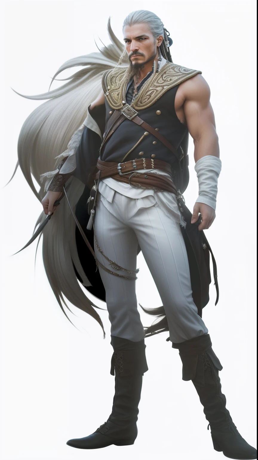 Exquisite details and textures, highly detailed, ultra detailed photograph, warm lighting, 4k, sharp, high resolution, detailed skin, detailed eyes, 8k uhd, high quality, Photorealistic, pirate, silver hair