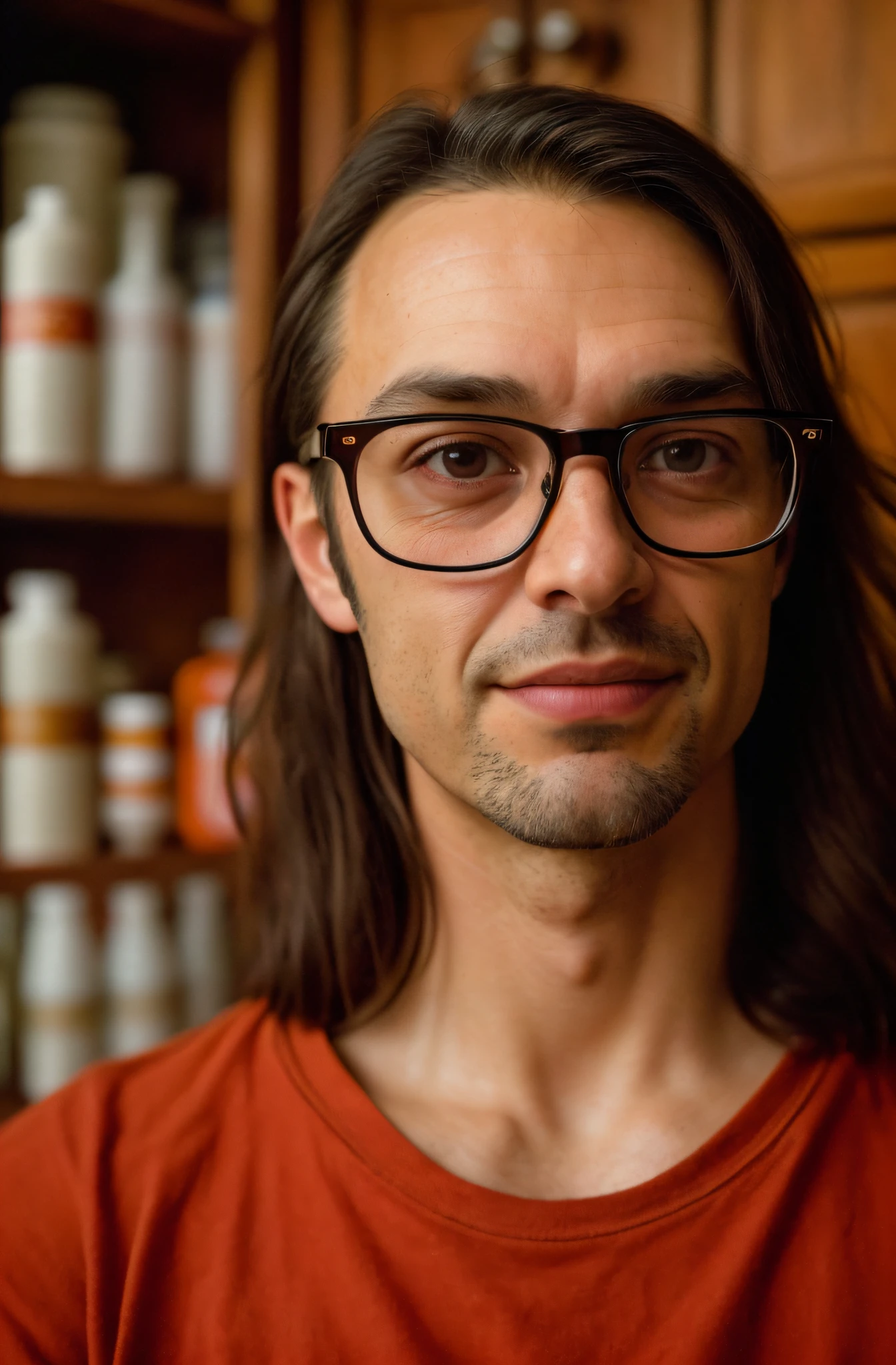 (a closeup of a, editorial photograph: A 40-year-old man with glasses, Thin, type with an admixture of the Slavic type), (Very detailed face: 1.4) (ssmile: 0.3) (The background inside is dark, sullen, the cupboard: 1.3) ass pov, by Lee Jeffries, Nikon D850, Film photography, 4 Kodak Portra 400, F1 camera lens.6, saturated colors, A hyper-realistic, lifelike texture, dramatic lighting, KinoStill 800