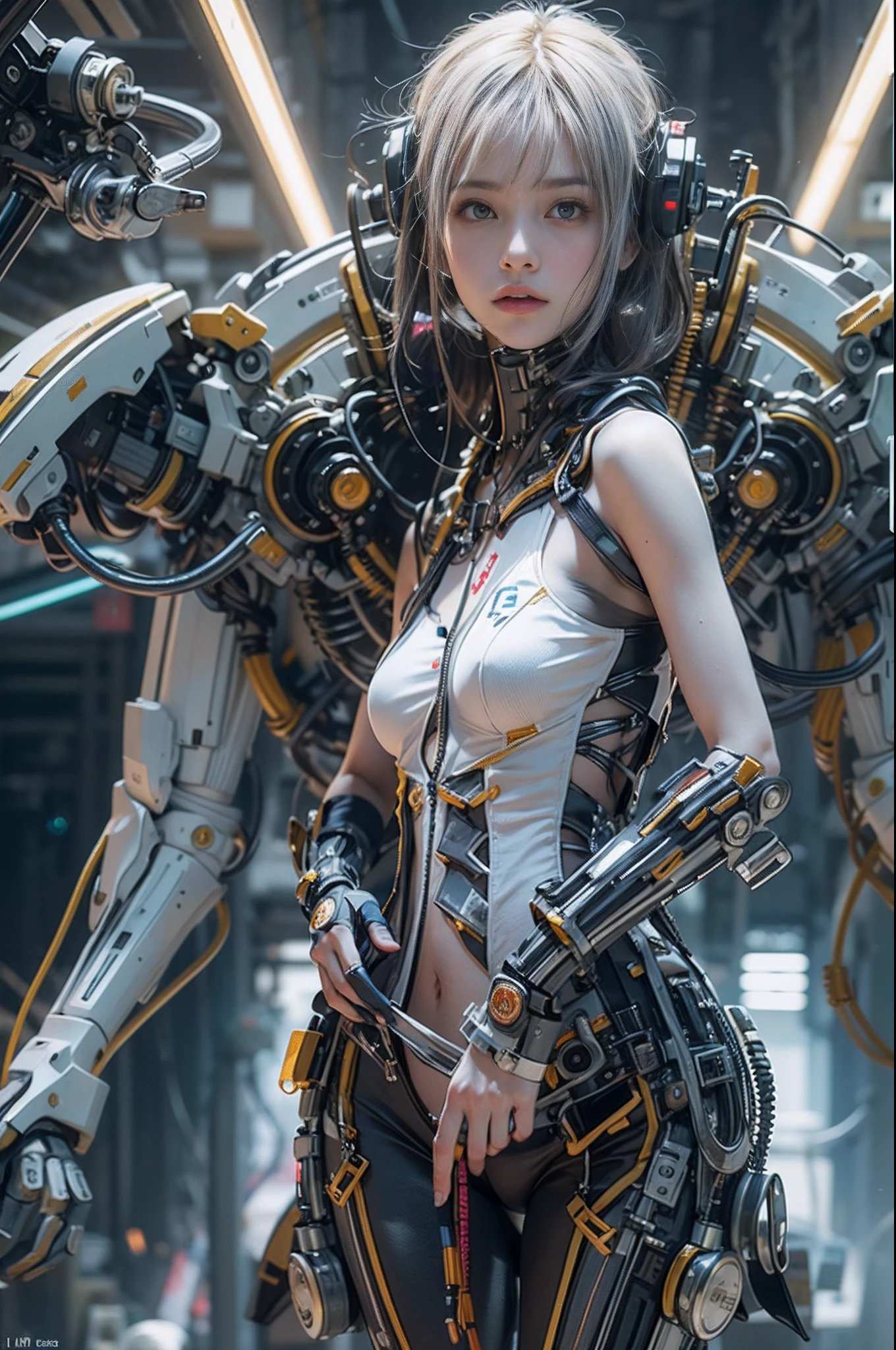 of the highest quality, masutepiece, Ultra High Resolution, ((Photorealistic: 1.4), Raw photo, 1 Cyberpunk Girl, Glossy skin, 1 Mechanical Girl, (super realistic details)), Mechanical limbs, Tubes connected to mechanical parts, Mechanical vertebrae attached to the spine, Mechanical cervical attachment to the neck, Wires and cables connecting to the head, Evangelion, Ghost in the Shell, Small glowing LED lamp, global lighting, Deep Shadows, Octane Rendering, 8K, ultrasharp, Metal, Intricate decoration details, Baroque style details, high intricate detailed, Realistic light, CG Trends, Facing the camera, neon details, (android factory on background), Art by H.r. Giger and Alphonse Mucha. 、Highly photorealistic human beings、Perfectly round pupils、Amazing pupil iris details、White girl、Slightly baby-faa smace、Very skin feel、リアルAreola、リアル、fissure、A 12-year-old girl、fullodyian、