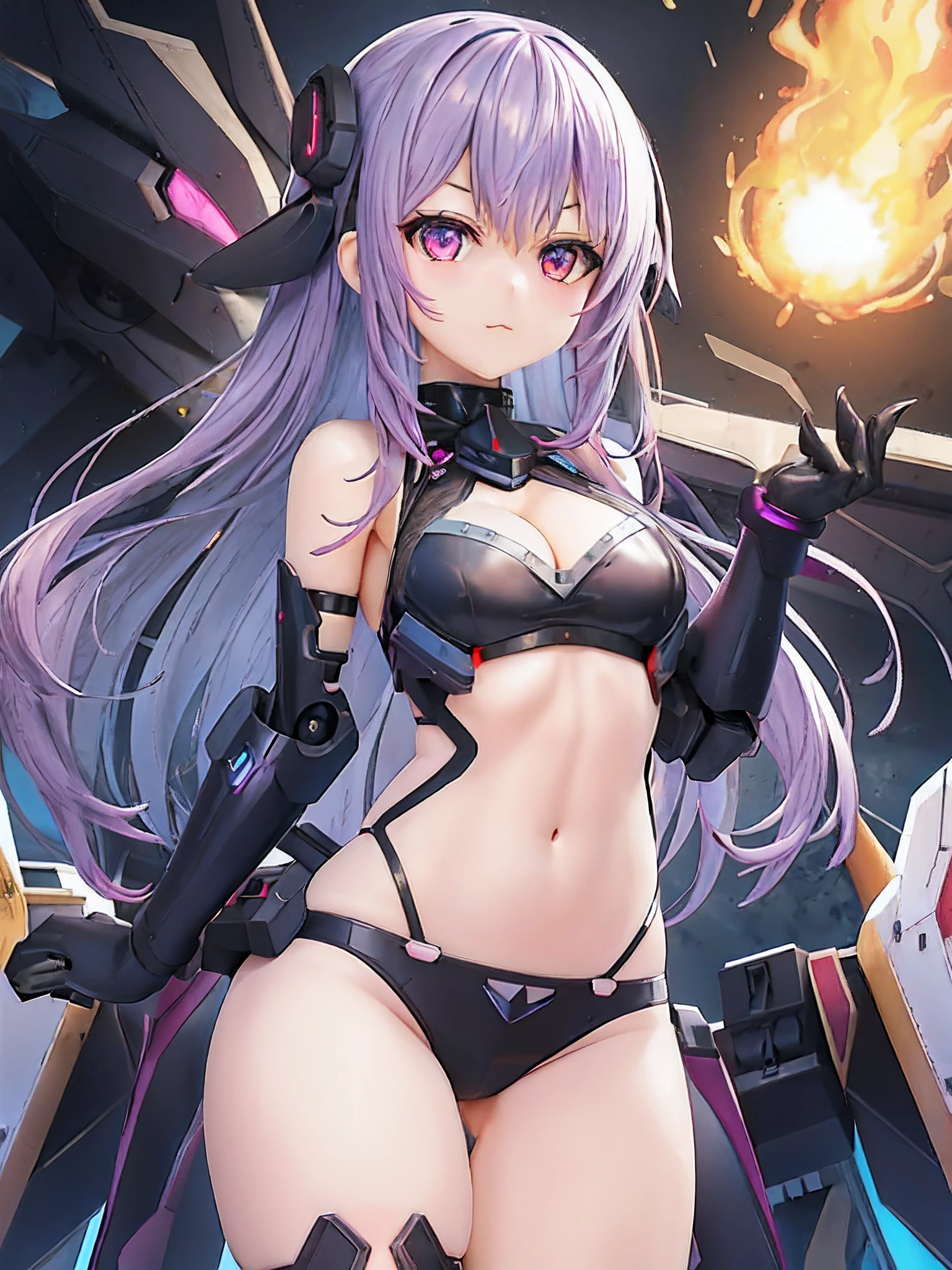 Anime girl with purple hair and black gloves poses in front of giant robot, from the azur lane videogame, azur lane style, Seductive Anime Girl, best anime 4k konachan wallpaper, characters from azur lane, biomechanical oppai, from girls frontline, an oppai cyberpunk, Kantai Collection Style, badass anime 8 K, Cyberpunk anime girl mecha
