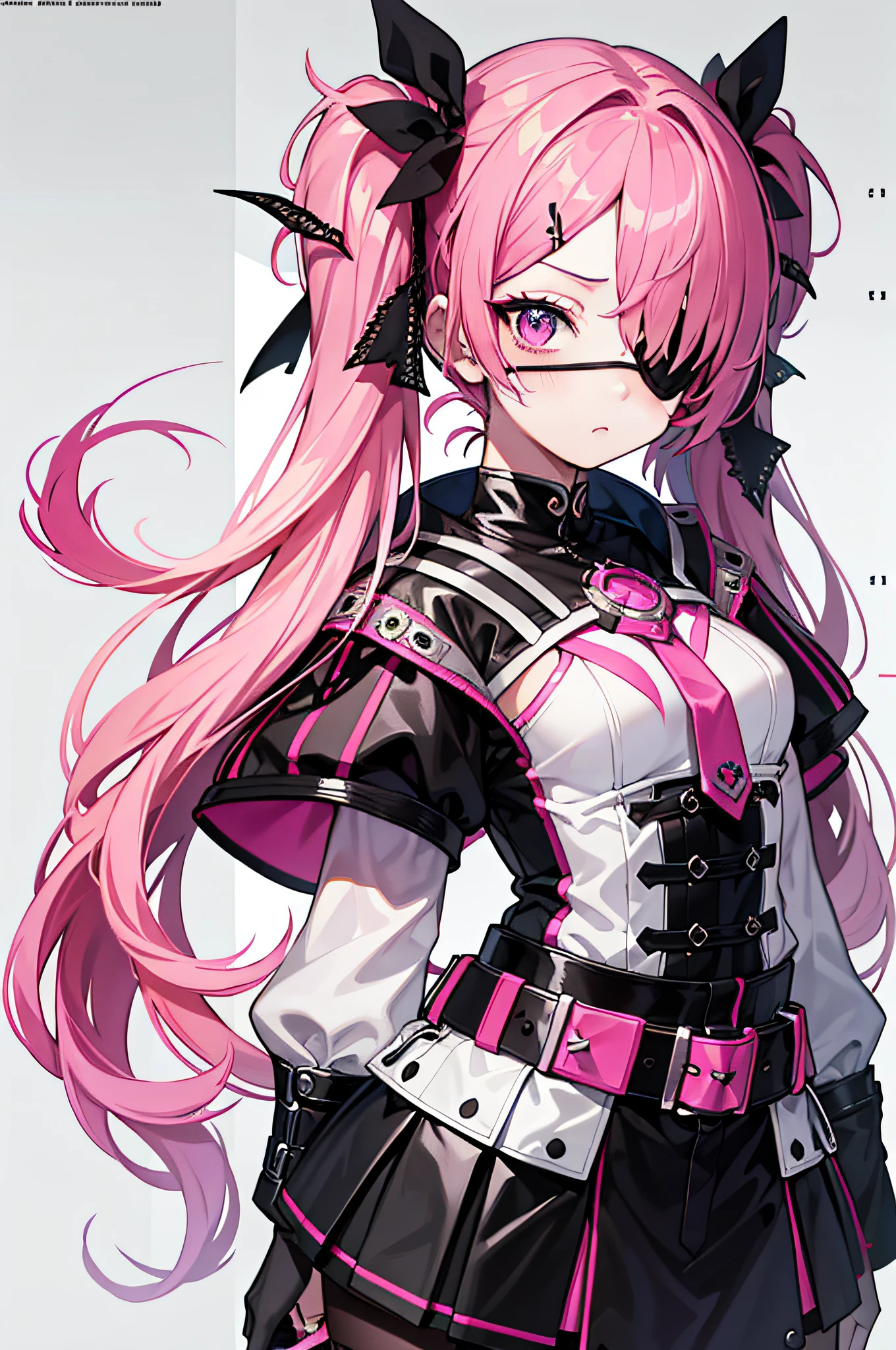 detailed anime character art,a beauty girl,Half Twin Tail,Pink hair color,an eye patch,Mine Makeup,Sick and cute,Facing the front,high-level image quality,hightquality,2d anime,White background,Commercial use、