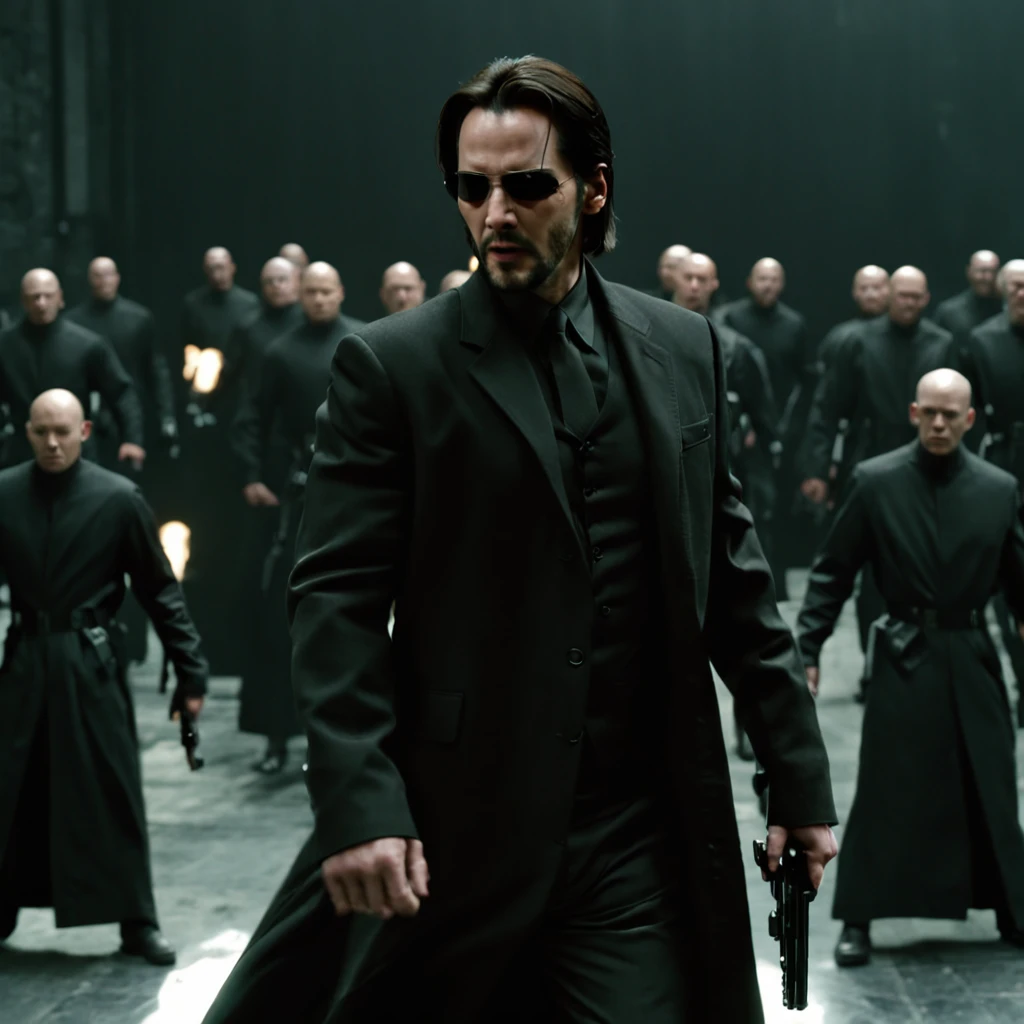 "Create a full-length cinematic HDR still shot of Keanu Reeves as Neo, engaged in an intense battle against Agent Smith, from the 1999 Matrix film. This shot should capture the iconic showdown between these two characters.
Keanu Reeves, portraying Neo, should be depicted in a dynamic and determined pose. The environment should be rendered in HDR, creating a cinematic atmosphere that enhances the visual impact of the scene.
The lighting should be dark and dramatic, with shadows and highlights that emphasize the intensity of the battle. This shot should be highly detailed, showcasing every aspect of Neo's appearance, attire, and expression in an 8K resolution.
Neo should be dressed in the iconic attire from the Matrix universe, including his trench coat and sunglasses. His expression should convey the ferocity and determination of the battle.
This digital artwork should aim for a realistic and dramatic feel, capturing the essence of the Matrix film's iconic fight scenes. The background should reflect the setting of this battle, creating a visually stunning composition.
The final image should be suitable for cinematic use, and the attention to detail should meet the highest standards for this kind of visual work, ensuring that it faithfully represents the iconic battle between Neo and Agent Smith from the Matrix film."