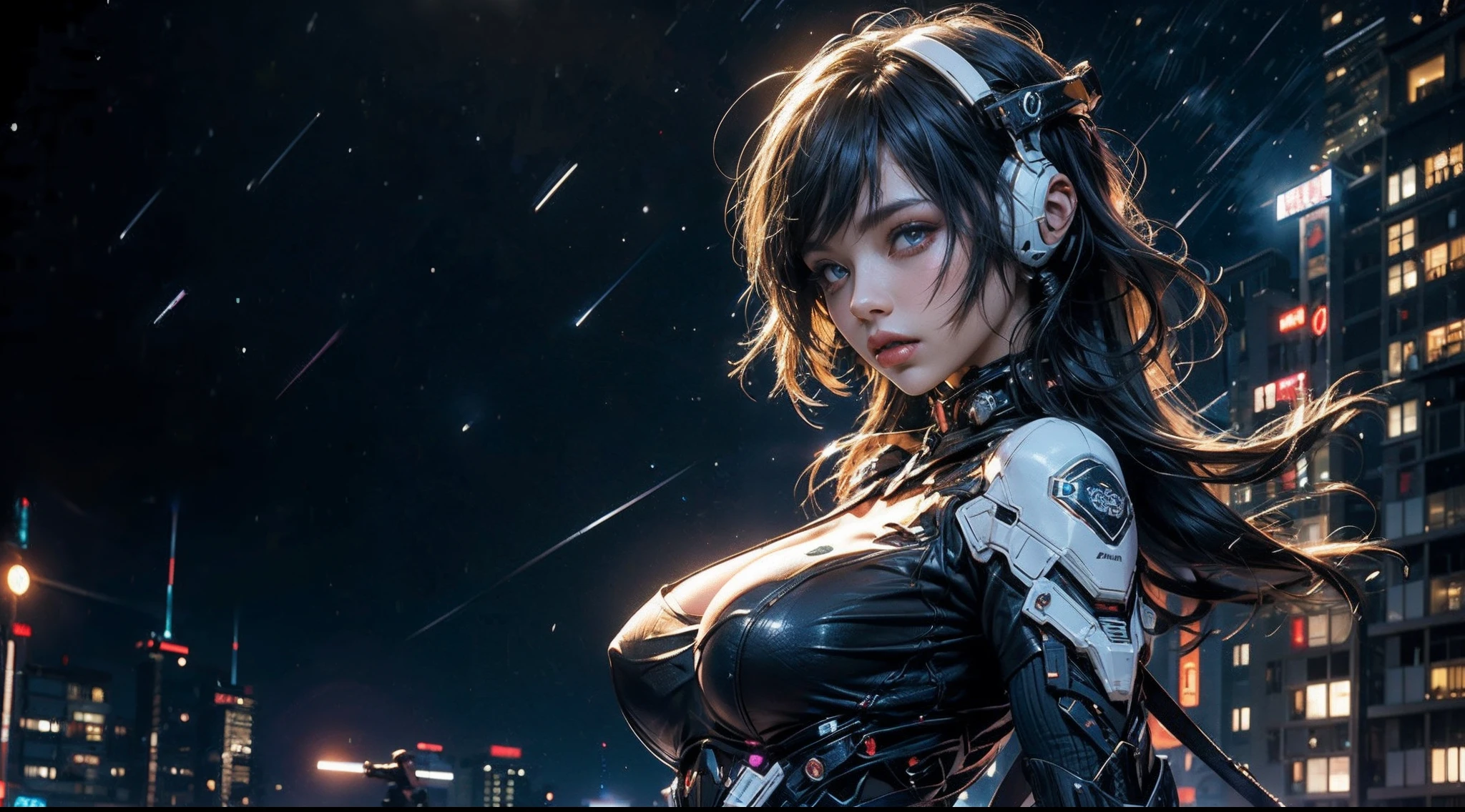 Highest image quality，Outstanding details，超高分辨率，（fidelity：1.4），The best illustration，Favor the details，Kizi，mech wings，The background is a high-tech lighting scene in the future city，Bust，Large breasts，((the night:1.8))，cyber punk perssonage，fumo，volumettic light