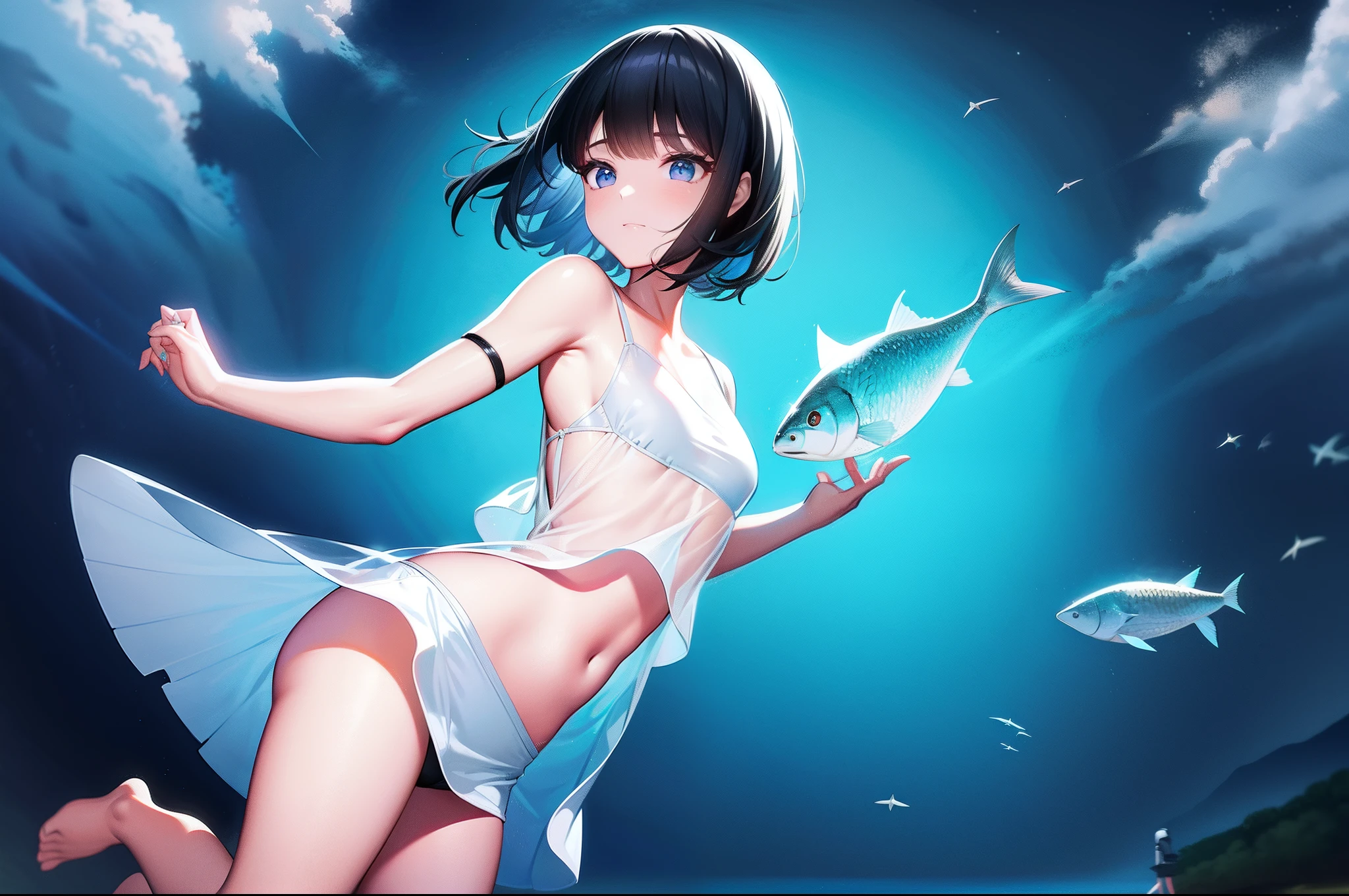 Student sister，Short-haired black hair，Azuka blue pupils，Transparent white pajamas，Super-short top，Superskirt，dive，Abyss，ocean floor，fish flocks。