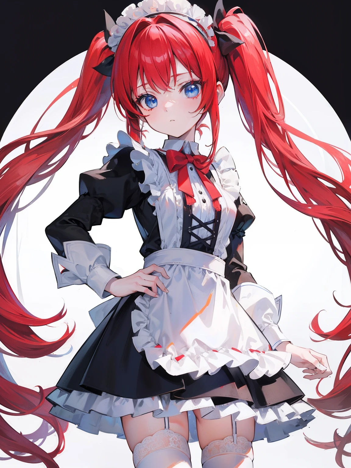 red hair,blue eyes,twintails,maid, long hair, long sleeves, gothic, solo, loli,Short skirt, white stockings,{{best quality}}, {{masterpiece}}, {{ultra-detailed}}, {illustration}, {detailed light}, {an extremely delicate and beautiful},little girl,cute,
