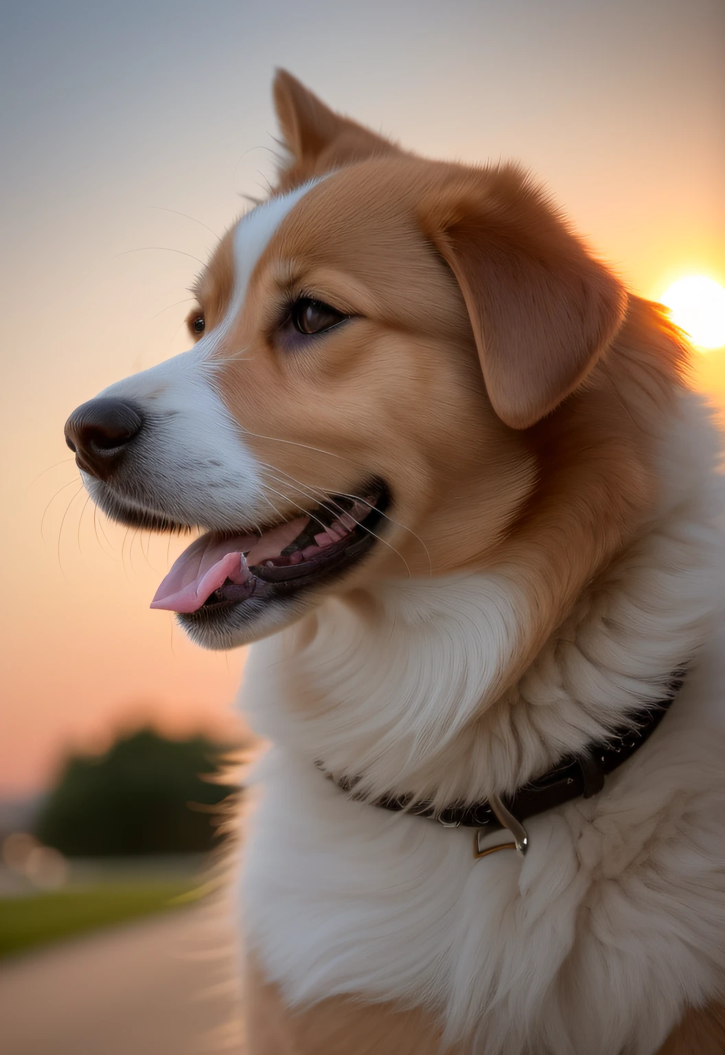 Close-up photo of a happy dog's face, sunset, 80mm, f/1.8, dof, bokeh, depth of field, subsurface scattering, stippling