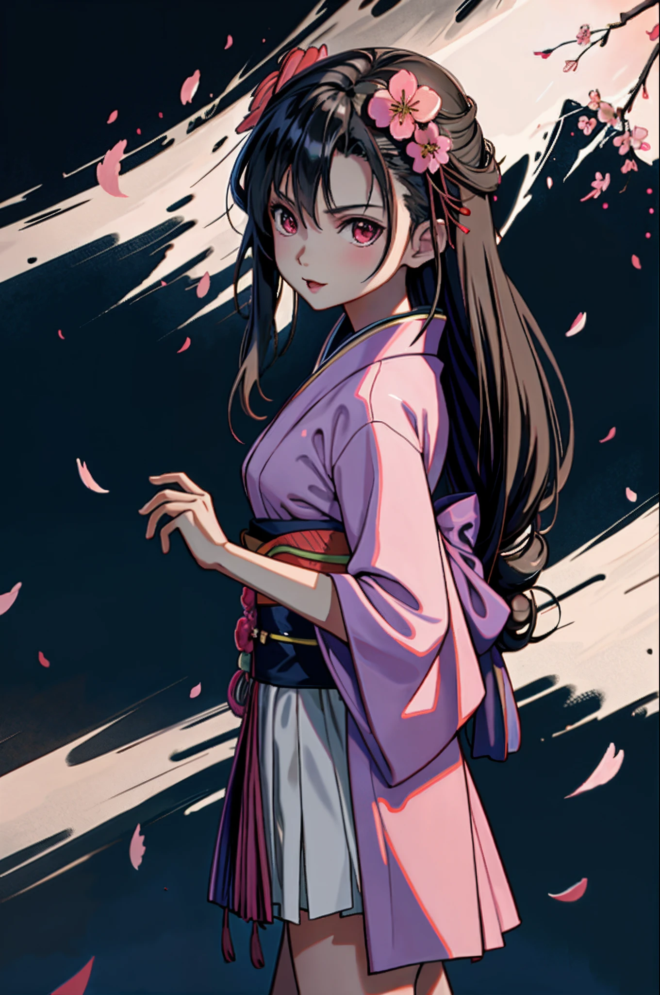 masterpiece, (pink kimono), seductive face, good lighting, low-cut, fine details, masterpiece, girl, black hair, gag,  Nezuko Kamado, old twon,night time,moon,masterpiece, best quality, POV, wide hips,