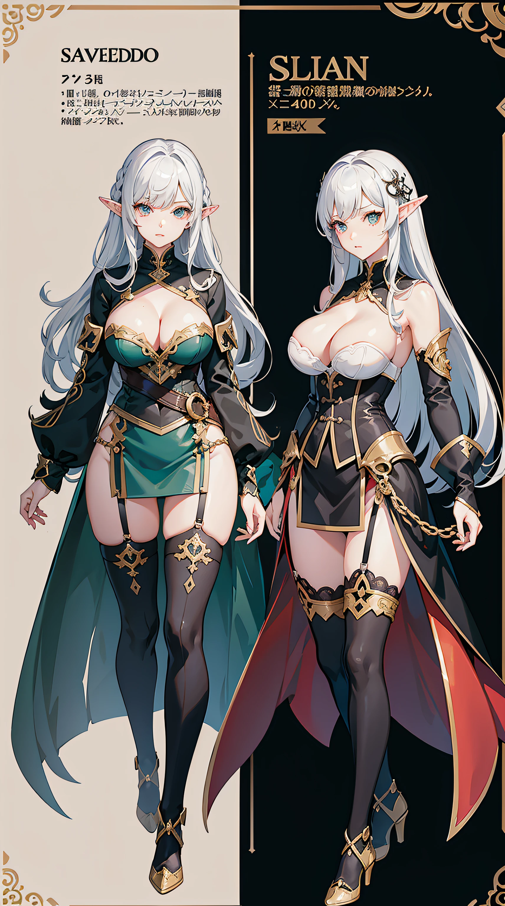 character reference sheet, character design, blade and soul character, 4k,1 woman, high quailty,highdetail,Role drawings,costume influenced by granado espada and blade and soul games, Information drawings,Entire body,British style,elven archmage women's clothing,More mature women,Silvery-white curls to the waist,Hairpins,tight corset,Lace trim,gauntlets, cleavage cleavage,Asymmetrical stockings,offical game artwork.