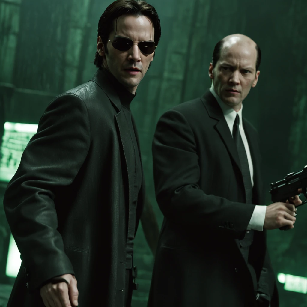 ((best quality)), ((masterpiece)), (detailed) fan art of evil man, there are two people fist fighting, evil looking blond GUY PEARCE face, blond GUY PEARCE in a suit with square sunglasses close up, blond GUY PEARCE in a suit angry, blond GUY PEARCE in a suit with squared sunglasses, square sunglasses, the matrix (1999), square sunglasses, night, 80mm, ((western animation)), (neo the matrix (1999)), (short hair), (((camera facing back)))