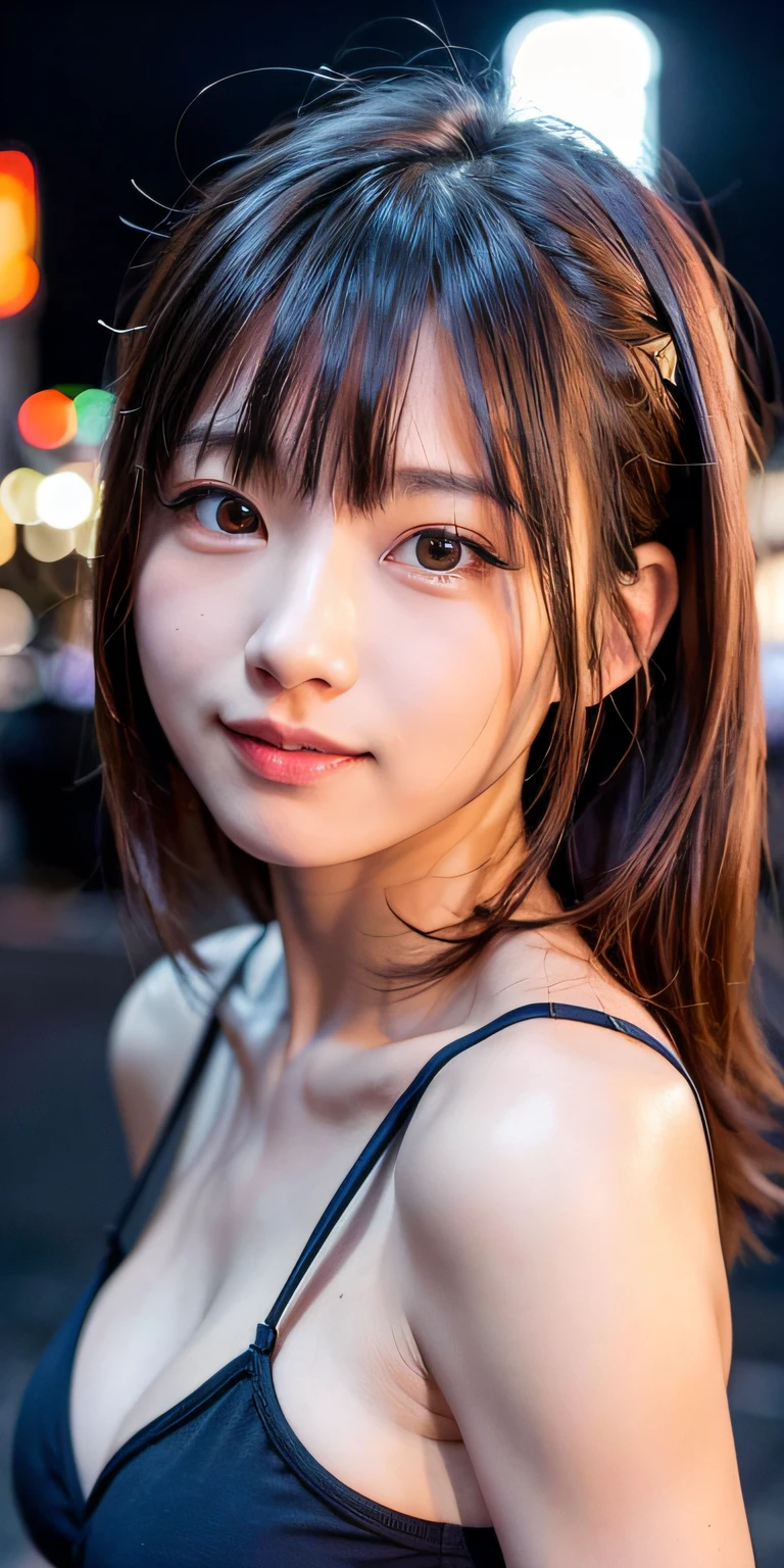 1 Girl, Tokyo Street,night, Streetscape,City lights,Upper Body,close,smile,, (8K, Raw photo, highest quality, masterpiece:1.2),(Realistic, photo-Realistic:1.37),