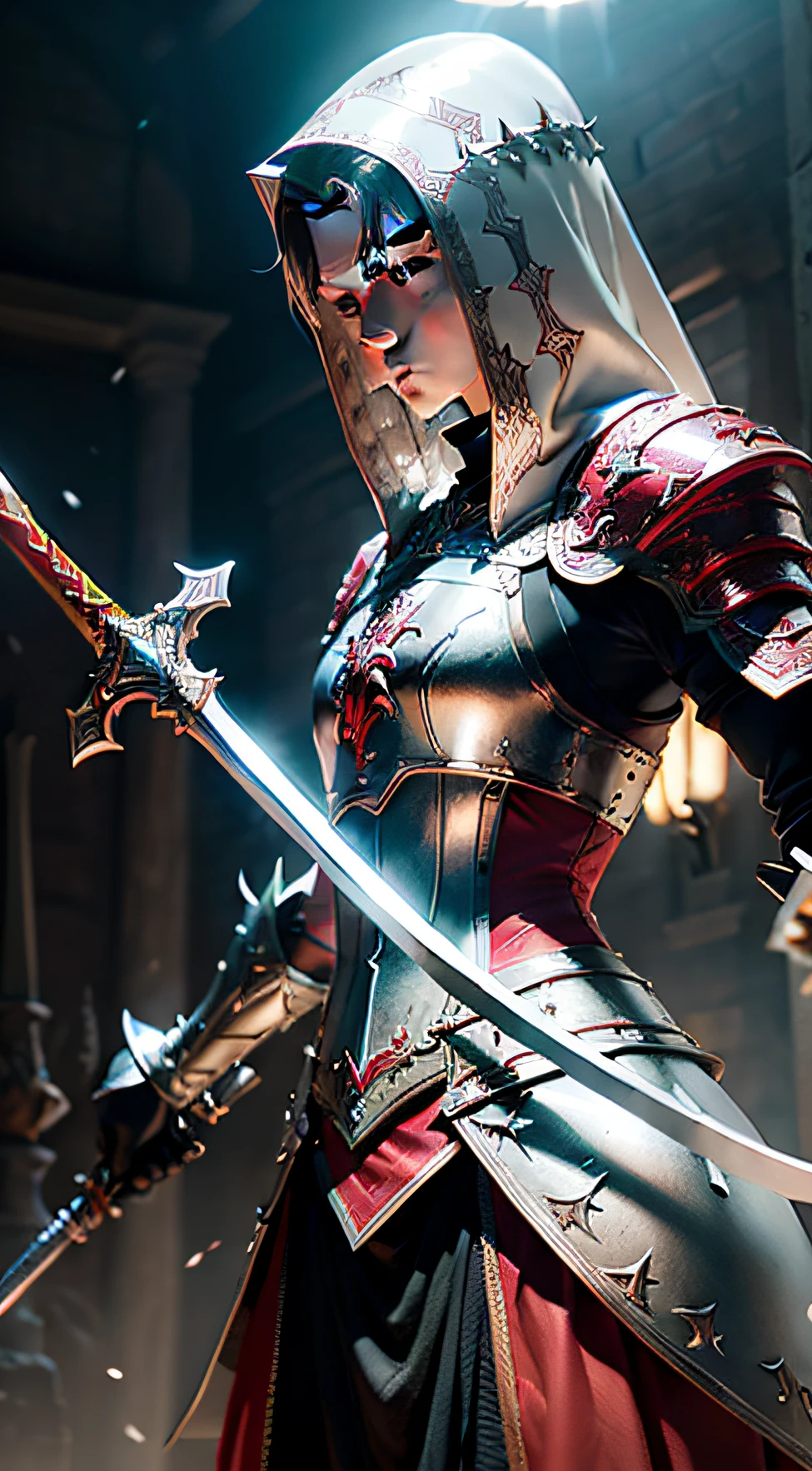 Best quality at best，white backgrounid，The sword has a dragon pattern，shining brightly，tmasterpiece，((Red longsword)），Metal Textures，Clear edges，Film and television lighting，Natural contour light，3D high mode，zbrush，Lighting engine，C4D