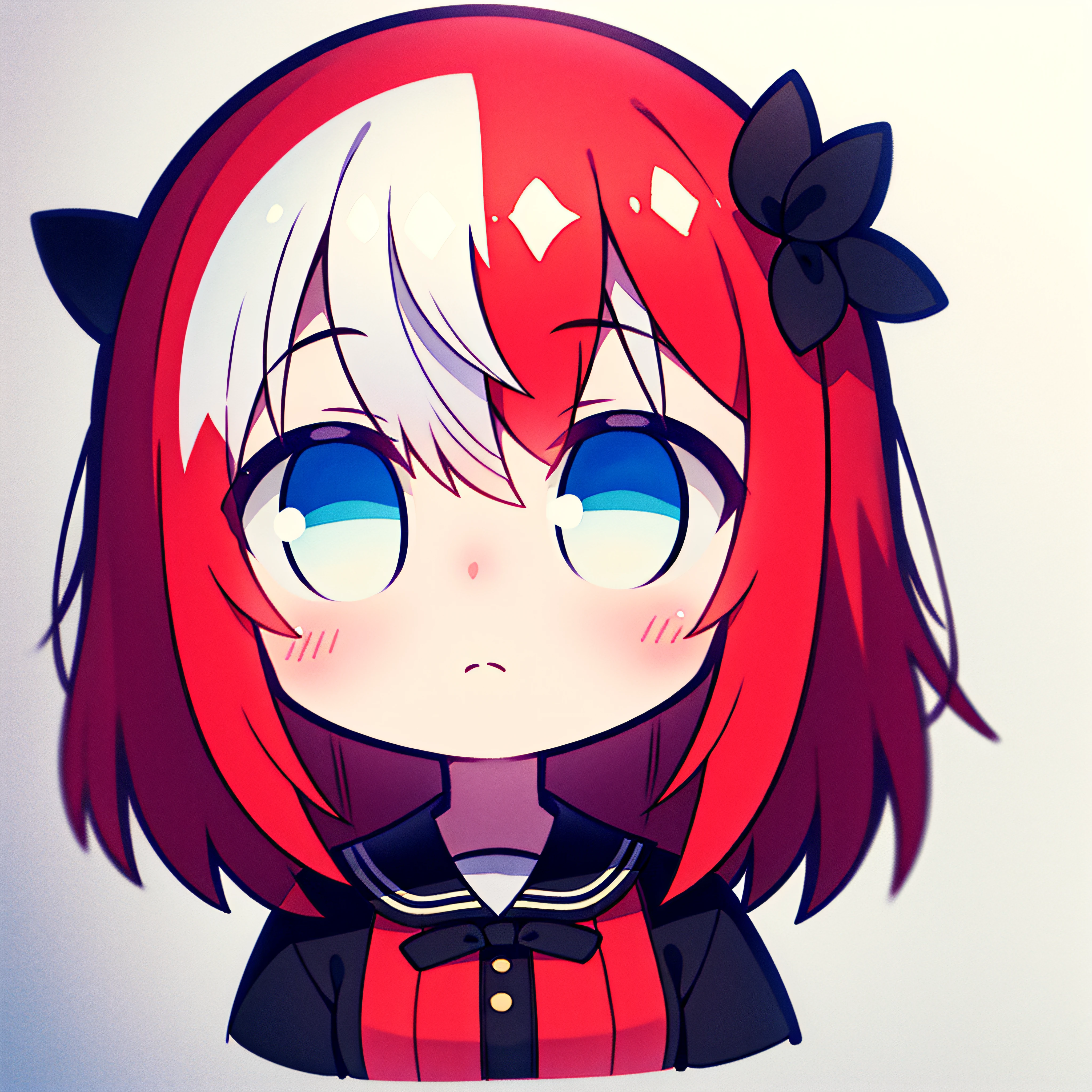 fish on the head, solo, 1 girl, looking at viewer, upright, concept art, white background, simple background, white hair, red gradient hair, short sleeves, watercolor pencil, expressionless, blush, virtual youtuber