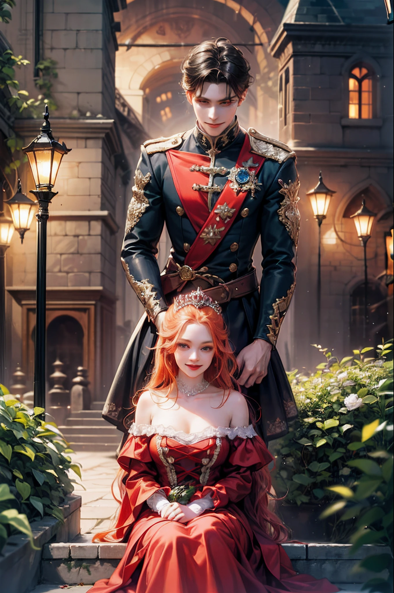 (absurdress, hight resolution, overdetalization), 2Others, couple, 1 male thief and 1 female princess, Mature, height difference, Different hair color, a happy, Love, Cuddling, upper-body, hairlong, black hair and red hair, Fantasy, night garden, Nocturnal moths, Gothic atmosphere