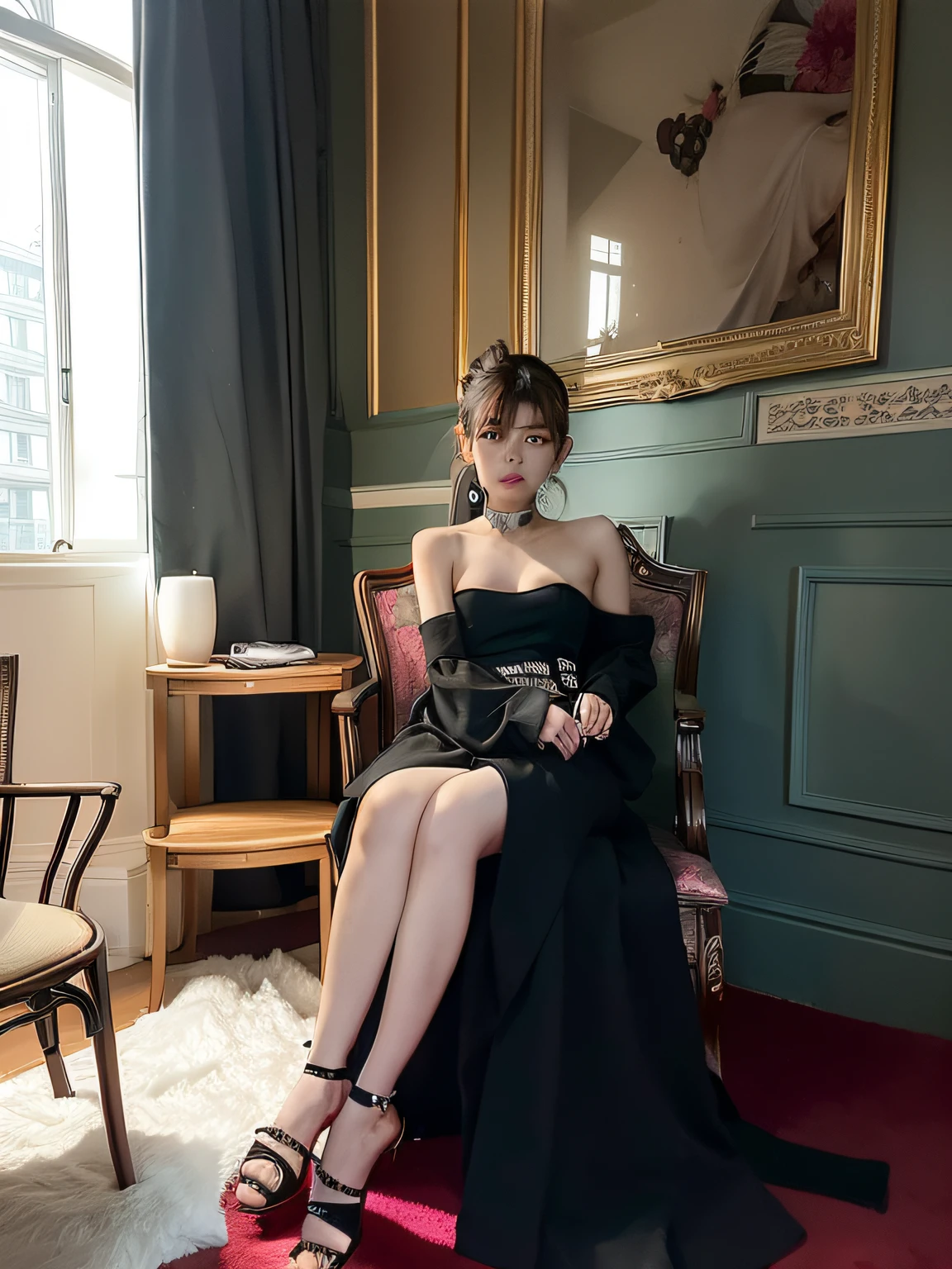 there is a woman sitting in a chair in a room, Gorgeous young Korean woman, korean women's fashion model, Korean girl, ulzzangs, blackpink jennie, she wears a black dress, jisoo from blackpink, wearing black clothes, wearing a black dress, Bandeau Dress, jisoo of blackpink, 2 4 year old female model