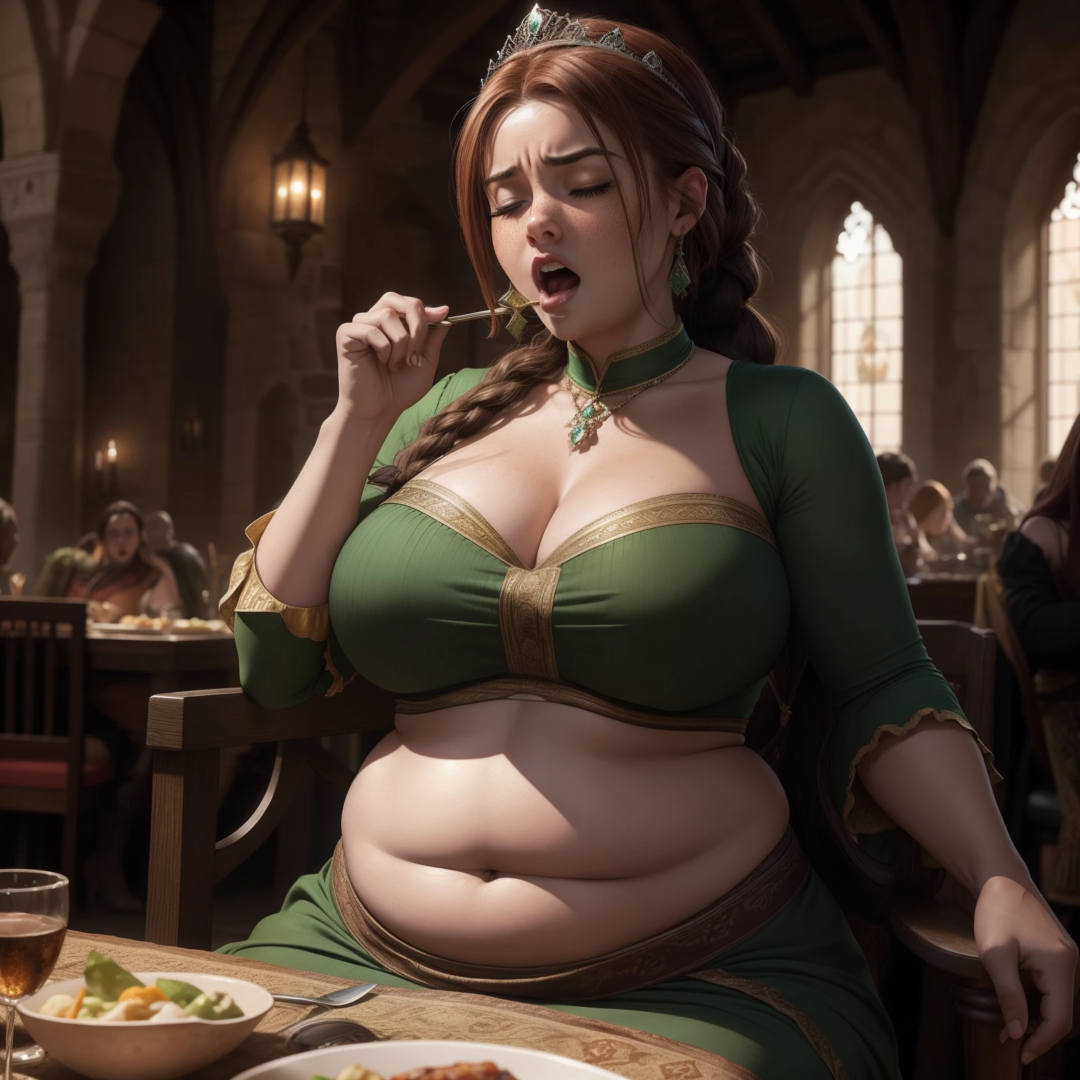 highly detailed hdr photo, beautiful, slim thick, gassy, bloated african, dark skin human adult princess fiona burping belching while sitting in chair at dinner table in medieval castle, warm dynamic lighting, sexy slutty medieval adult princess style green dress, slutty loincloth, one single long thin adult braided ponytail, reddish brown hair, tiara, light freckles on cheeks, realistic dark moody dramatic high detailed art style, wide open mouth, perfect gorgeous face, struggle face, full body, eyes closed, pudgy bloated tummy innie belly button l midriff, intense yelling burping hard