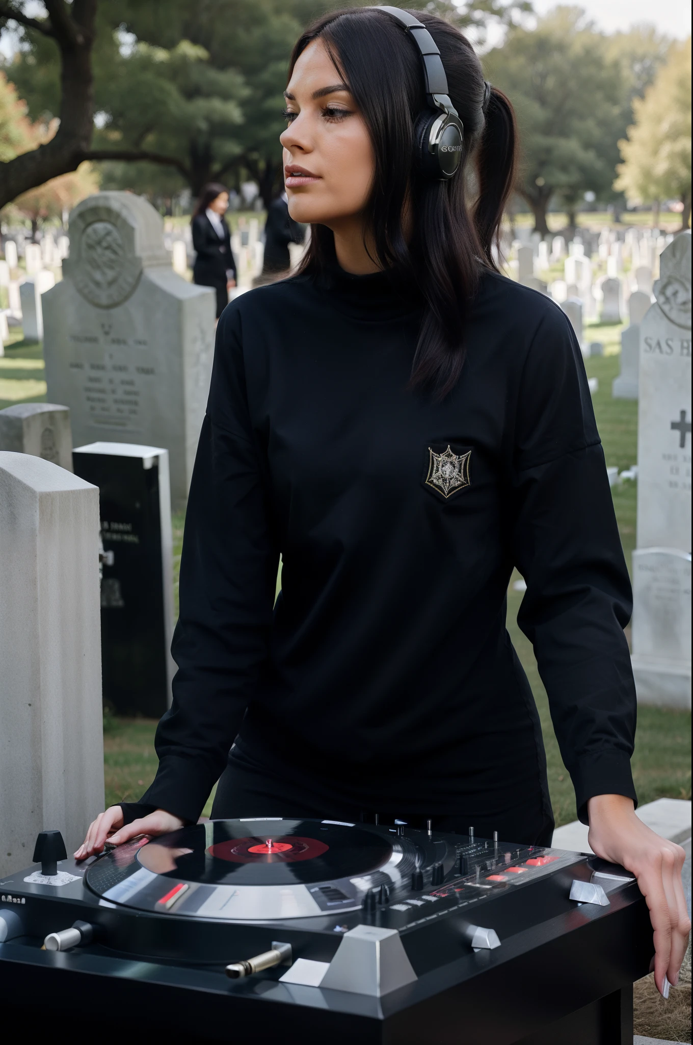 female dj djing at the cemetery at a funeral to honor the fallen