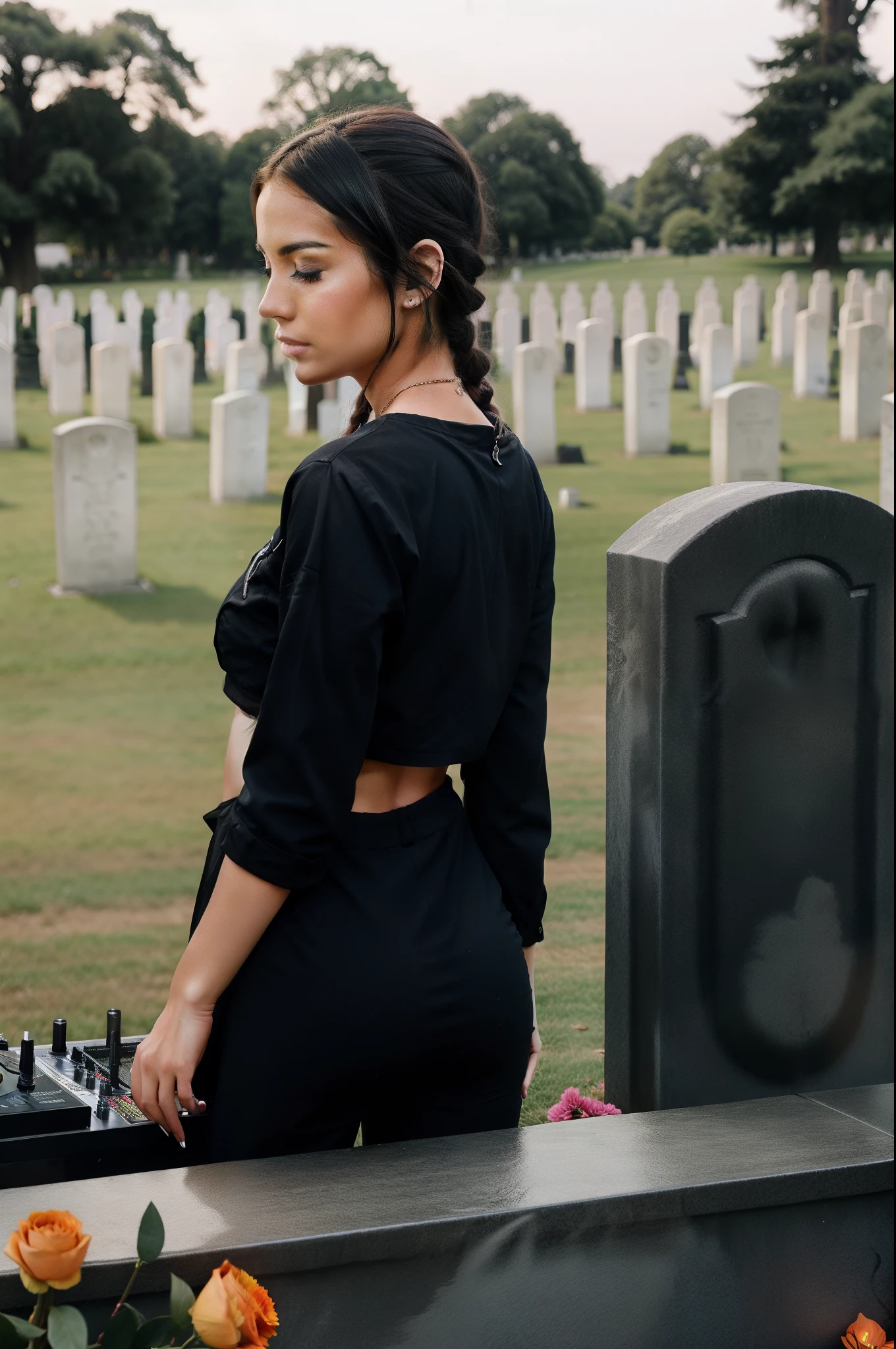 female dj djing at the cemetery at a funeral to honor the fallen