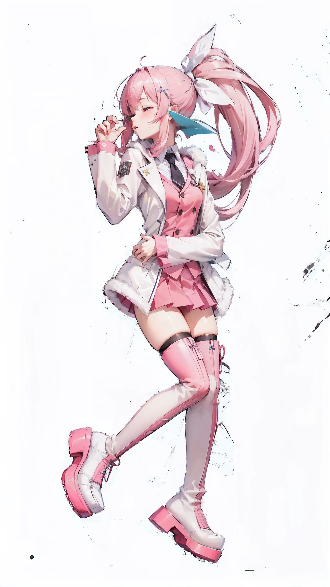 Anime girl with pink hair and white dress holding pink umbrella, A scene from the《azur lane》videogame, Best anime 4k konachan wallpaper, official character art, azur lane style, Kushatt Krenz Key Art Women, Pink double tail hair，closing her eyes, 《azur lane》role, pixiv 3dcg, from girls frontline