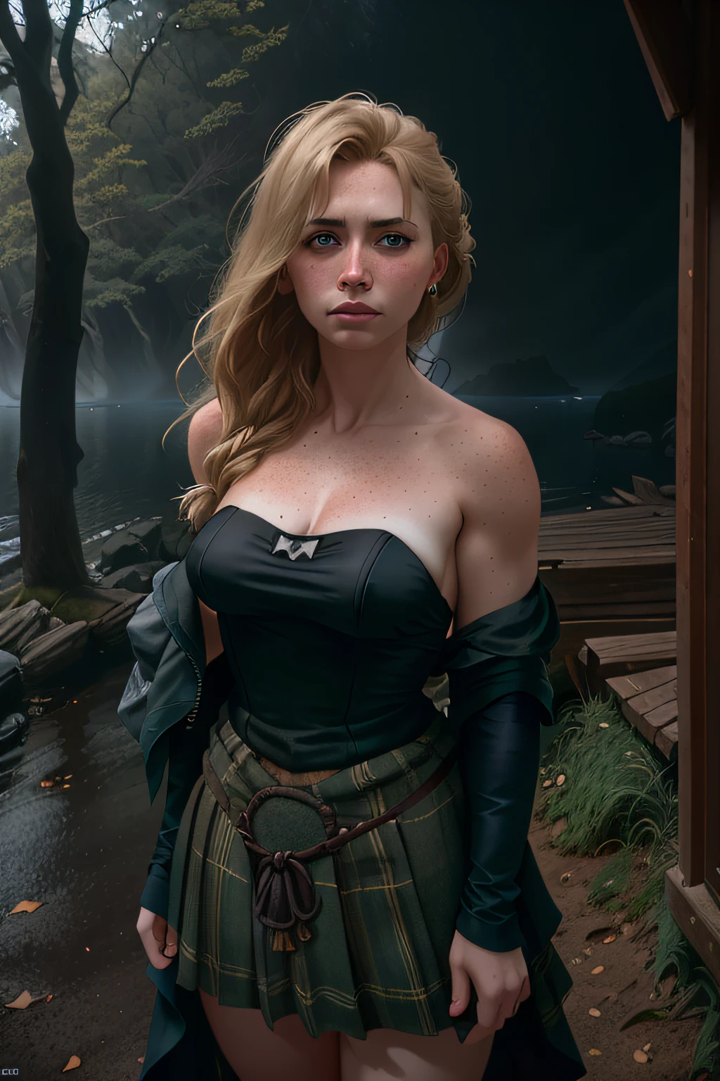 deep shadow, sinister, award winning photo, best quality, masterpiece, upper body, woman, freckled face, windblown blonde hair, emerald eyes, modern strapless dress by Jeremy Lipking, by Antonio J. Manzanedo, by lee jeffries nikon d850 film stock photograph 4 kodak portra 400 camera f1.6 lens rich colors hyper realistic lifelike texture dramatic lighting unreal engine trending on artstation cinestill 800, fisheye lens, Style-Kilt, windy beach, scottish loch, forest