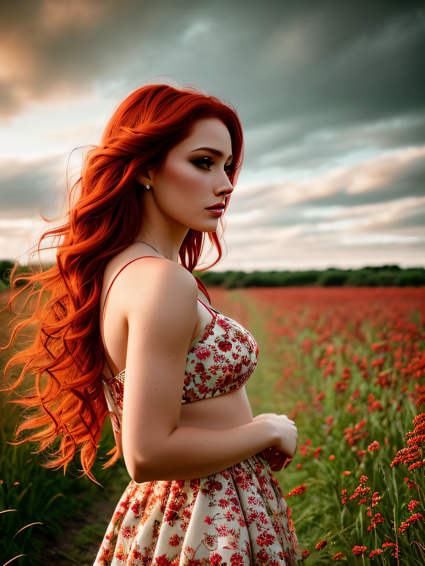 beautiful woman, red hair,gathering flowers at field, cute dress (masterpiece) (best quality) (detailed) (8k) (HDR) (wallpaper) (cinematic lighting) (sharp focus) (intricate), (makeup:1.4), amazing body, (fit body:1.2), lace outfit, highly detailed hair, natural skin texture, 4k textures, detailed belly, highly detailed perfect smooth skin, lightroom, intricate, ultra-realistic, outside, (hdr:1.3), uhd, (intricate details, hyperdetailed:1.1), cinematic, photo-real, (dark shot:1.2), dramatic, high contrast, (warm colors:1.1)