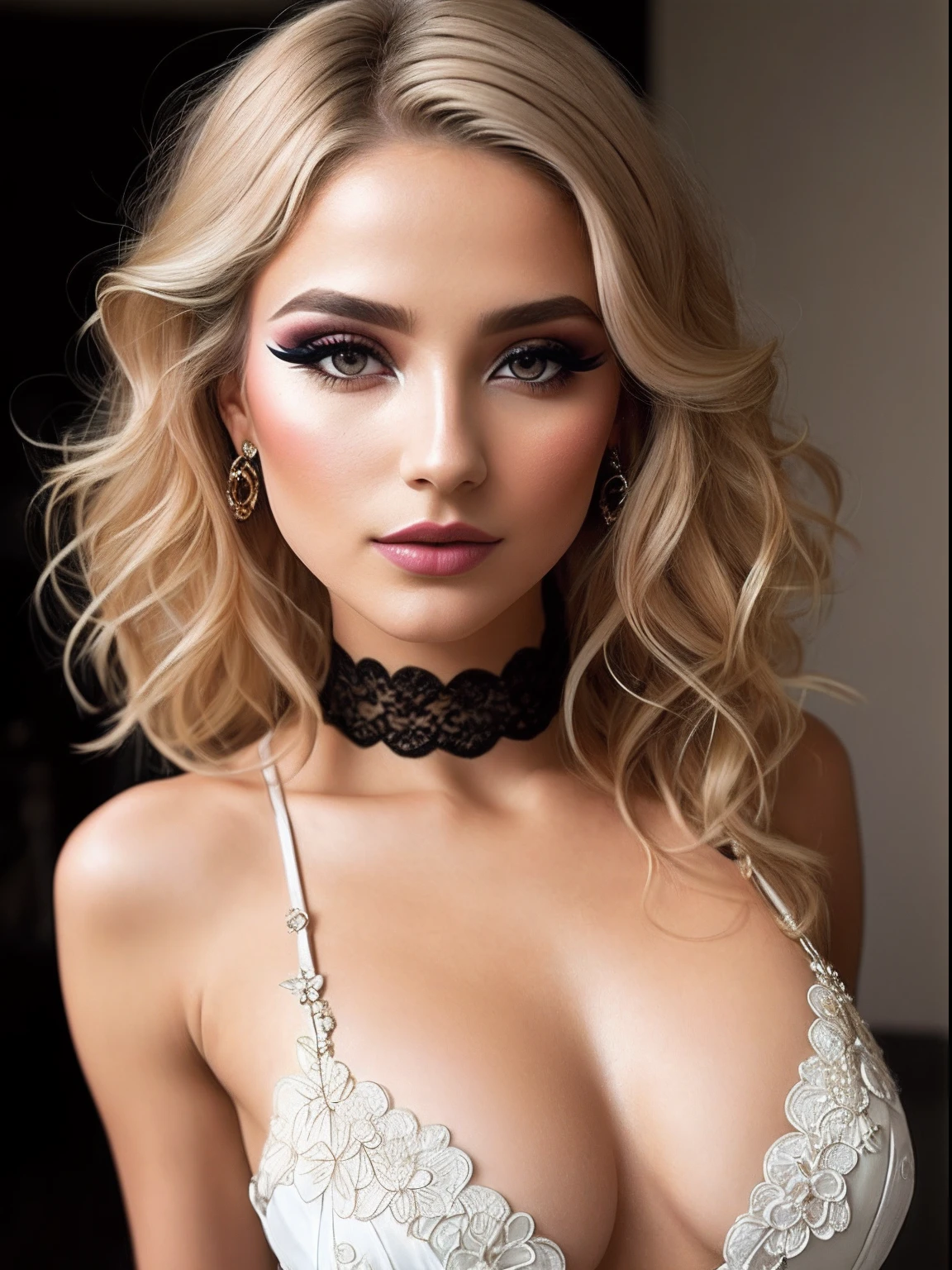 A portrait of a blonde, (makeup:1.4), amazing body, (fit body:1.2), lace outfit, highly detailed fur, natural skin texture, 4k textures, detailed belly, Highly detailed perfect smooth skin, Lightroom, Intricate, Ultra-Realistic, Out There, (HDR:1.3), UHD, (Intricate Detail, Hyper-Detailed:1.1), Cinematic, Photoreal, (Dark Shot:1.2), Dramatic, High Contrast, (Warm Color:1.1) , muted colors, master piece, elegant, sharp focus, Christian Dior