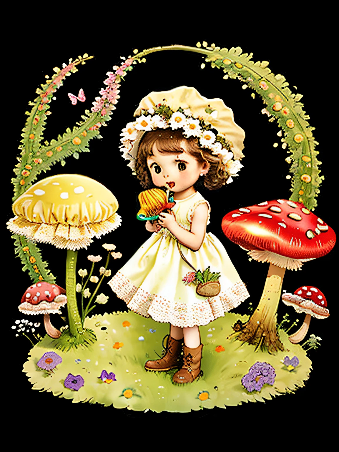 Good old、***********、spherical、１Year old girl、ultra-detailliert、fruit、florals、garden、Luminous mushrooms、colorful backdrop、by alan lee、butterflys、Running through the forest、Soap bubbles、