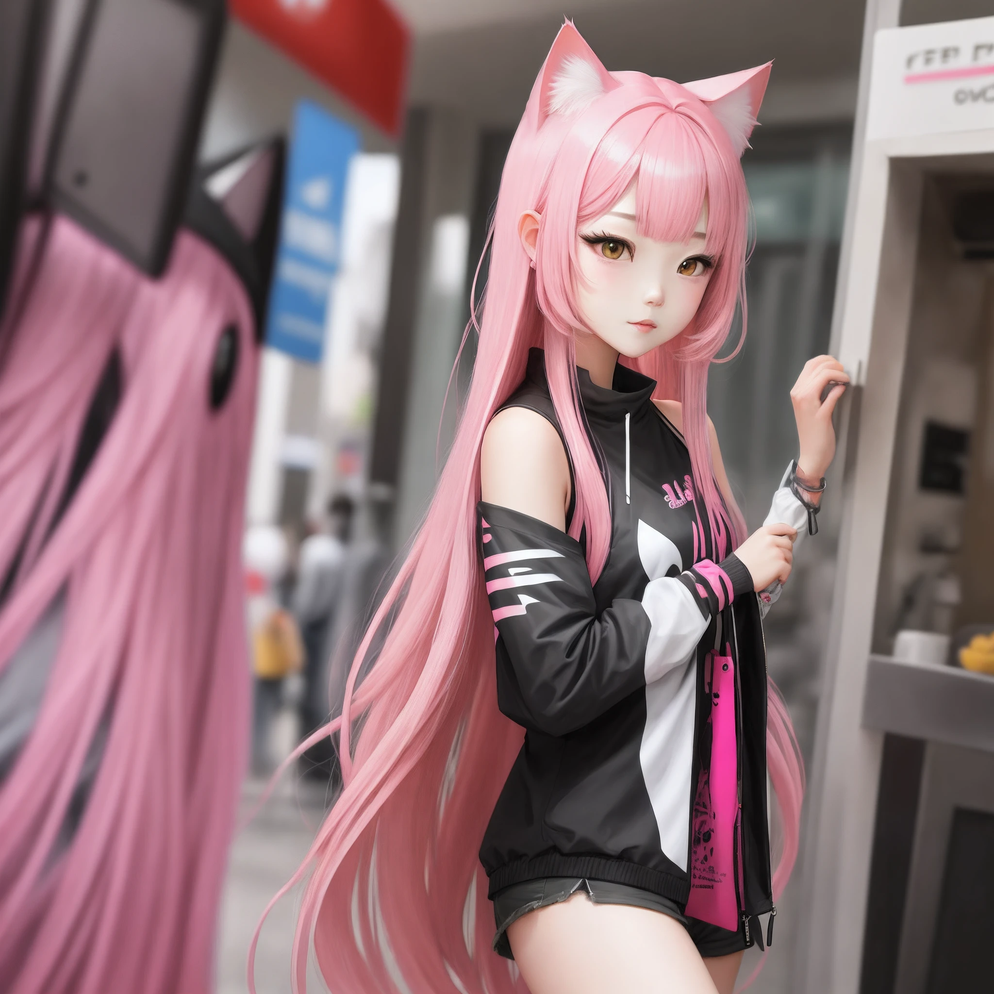 Extra-long pink hair，cat ear