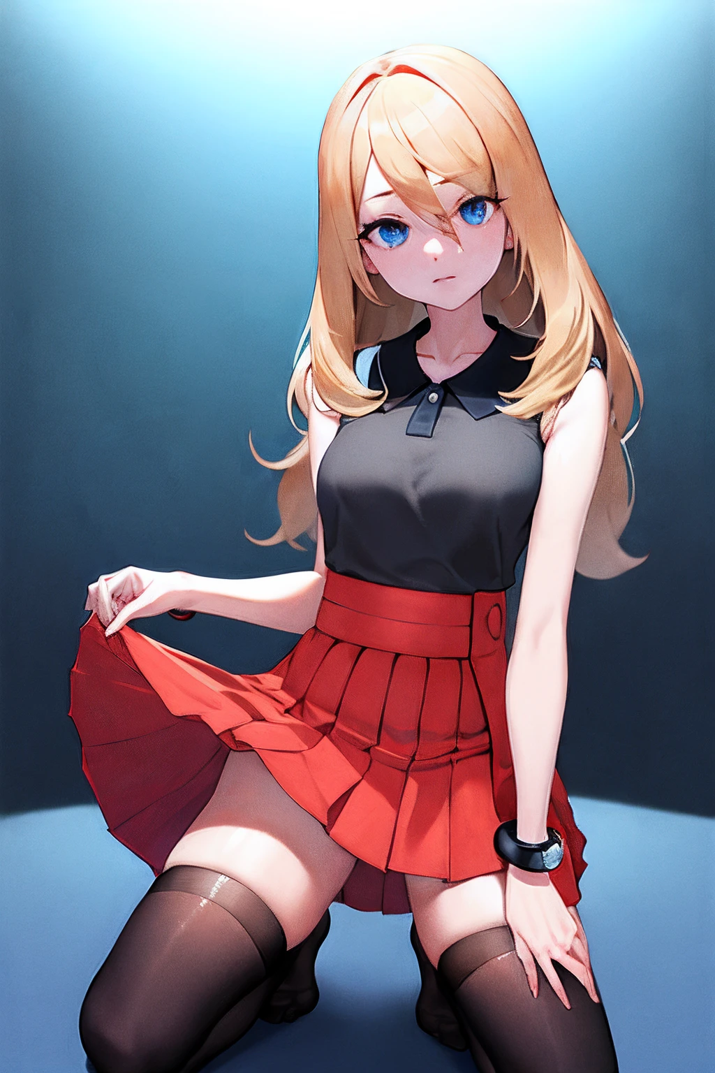 ​masterpiece, top-quality, Hi-Res, blue eyess, Serena\(A pokémon\), 1girl in, 独奏, thighs thighs thighs thighs, length hair, jewely, A bracelet, black thighhighs, shirt with collar, pleatedskirt, a red skirt, Sleeveless, high waist skirt, sleeveless shirts, Eye lashes, Black shirt,, cowboy  shot, deph of field,(((Empty eyes)))、(((lift up one's skirt)))、(Kneeling)