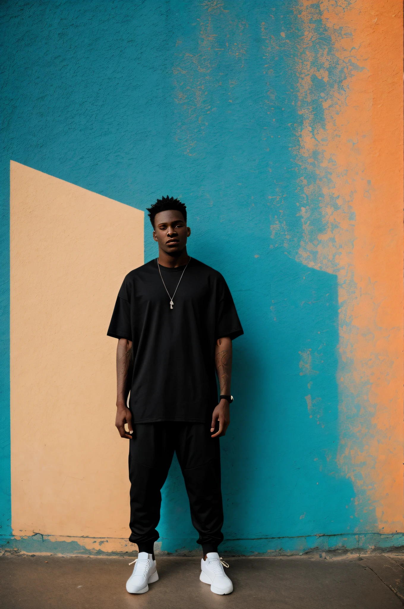 RAW photo, standing model portrait photo of beautiful 24 y.o BLACK man, cute face, wearing oversized tshirt with abstract colorful designs and a pant , beautiful lighting , hard shadows, cinematic shot, dramatic lighting,