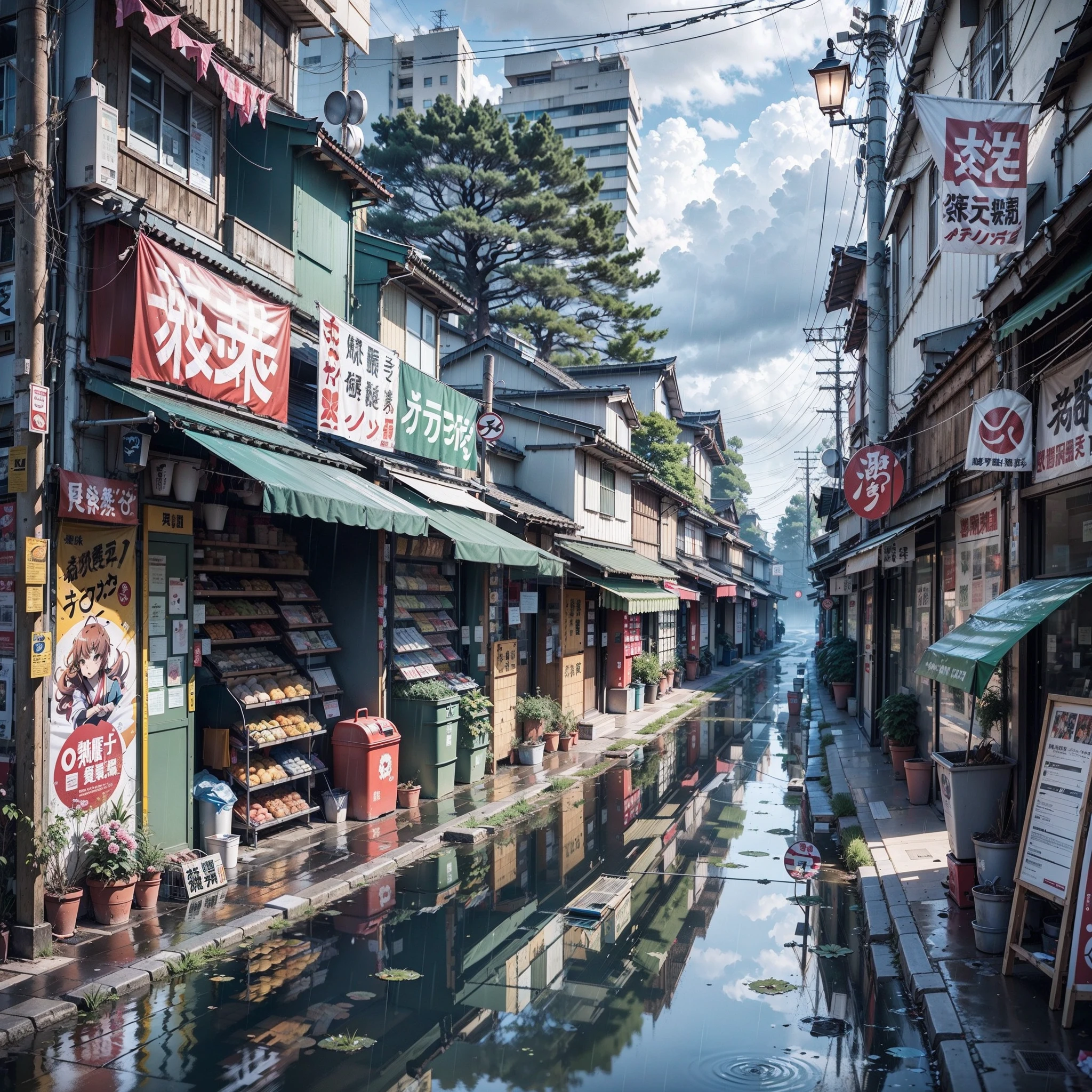 Anime background, empty, modern Japanese city street next to a river. anime, anime style. trash cans, plant pots, drains, air vents, air ventilation systems, gutters, pipes, wires, big Japanese shop signs, retro Japanese shop banners. (no one :1), no one in sight. gloomy weather, rain, heavy rainfall, heavy rain, puddles. best quality. no faces