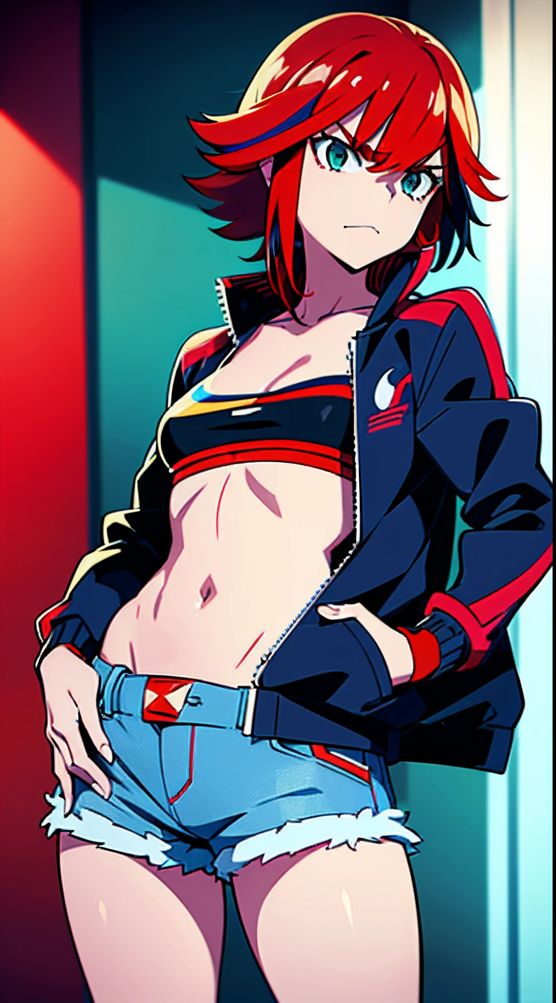 (masterpiece), best quality, 1girl, (style of trigger studio), (kill la kill, cyberpunk: edgerunners, and little wich academia style), red hair, green eyes, short hair, zip top, jacket, jeans