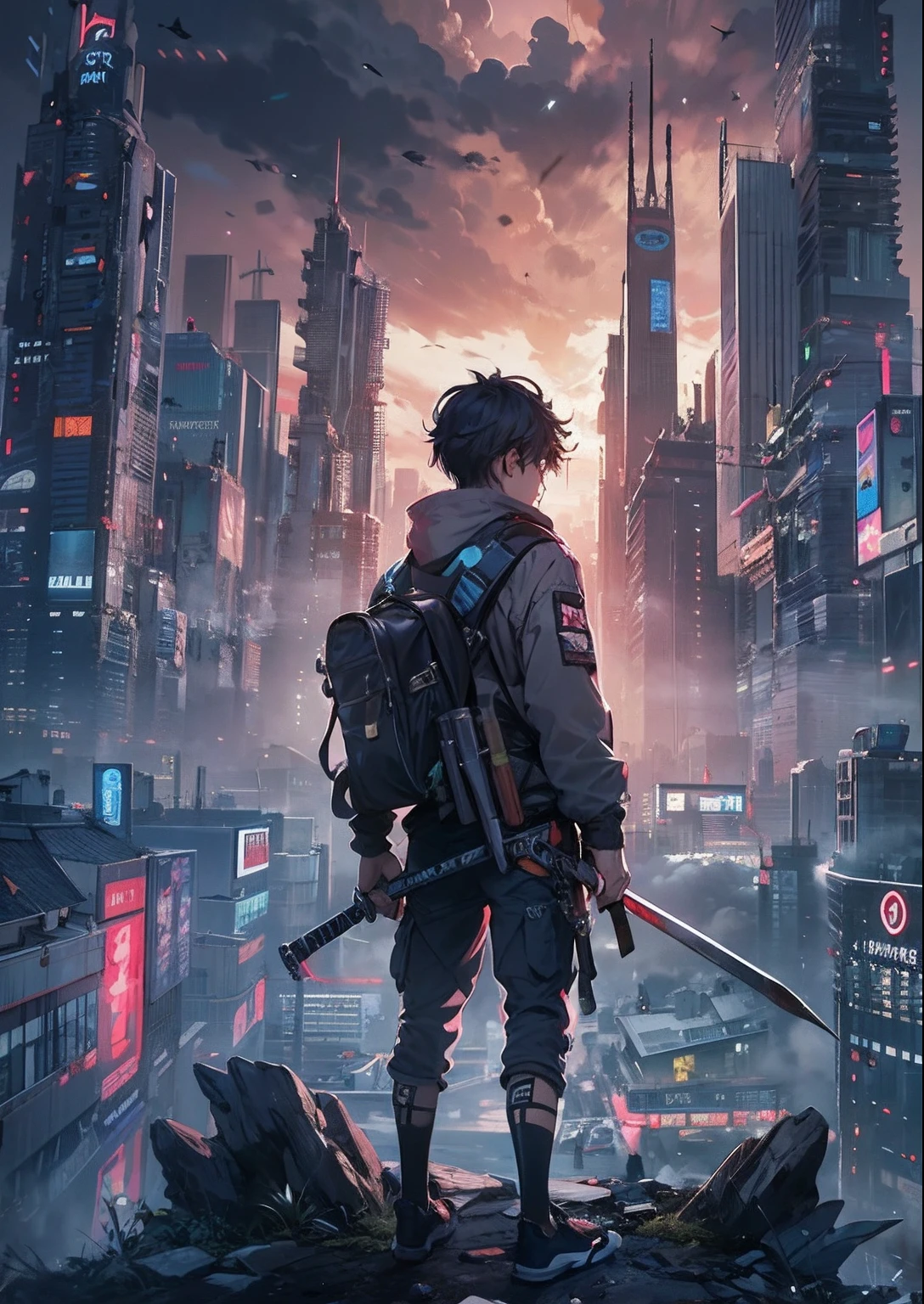 1boy,A 13-year-old boy、Cyberpunk boy、katana swords,Pointy hairstyle、vests、Bloody all over、Composition top view、back Lighting,The beginning of the adventure、Lots of clouds,Heavy fog、midnight,Darkness,The chaotic city of the future、ruined and devastated city、dystopian、A group of very complex skyscrapers stands in the center、Highly sophisticated Chinese skyscraper、Fairly dim lighting、The Dark Road、Puddles、Chaotic landscape、Beautiful and fantastic scenery、cinematic scenery、high high quality、masutepiece,8K、A high resolution、ultra - detailed,