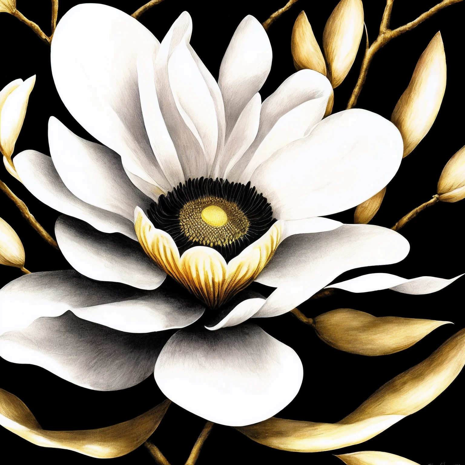 Magnolia flowers, Paint line drawing, Black and white, Golden section composition
