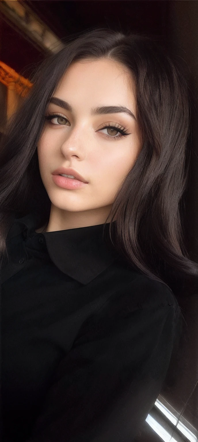 a close up of a woman with long hair and a black shirt, dark hair and makeup, black hair and large eyes, girl with dark brown hair, black hair and brown eyes, portrait sophie mudd, perfect face ), high quality portrait, sexy girl with dark brown hair, extremely beautiful face, close up portrait photo, brown hair and large eyes