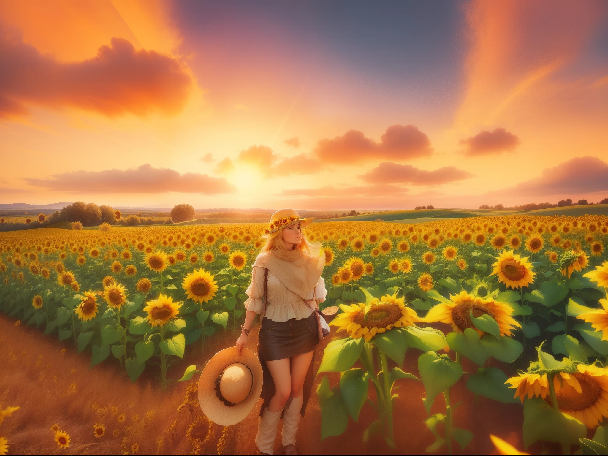 there is a woman standing in a sunflower field with a hat, standing in a flower field, standing in flower field, sunflowers in the background, traveling in france, scene: sunflower field, scene : sunflower field, sunflower field, field of sunflowers, with flower fields as foreground, standing in a field with flowers, woman standing in flower field, sunny day