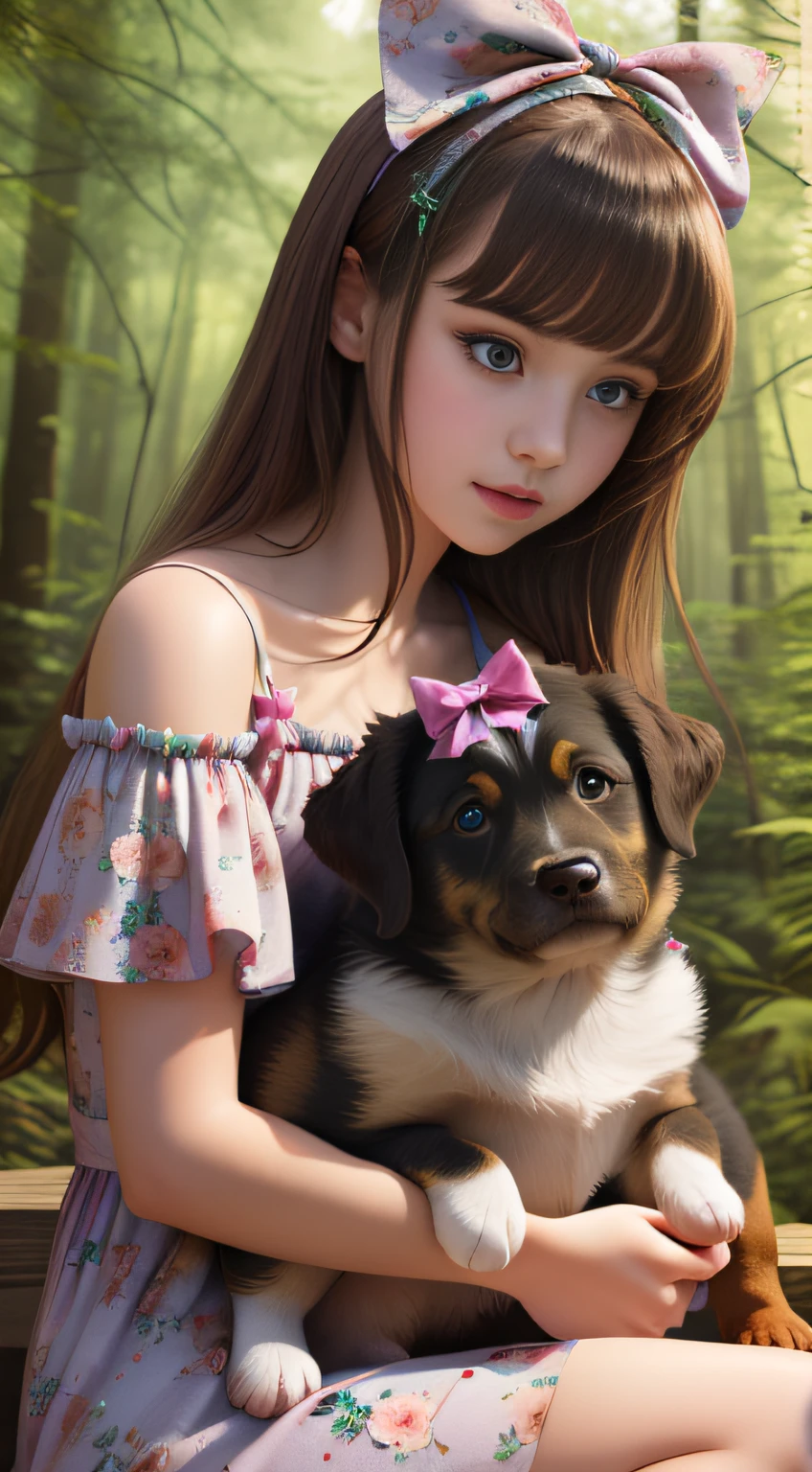  African american girl in flowery dress with bows on head, (blue eyes 8k),holding a puppy in lap,side angle,forest background,vibrant colors16k ultra realistic detailed