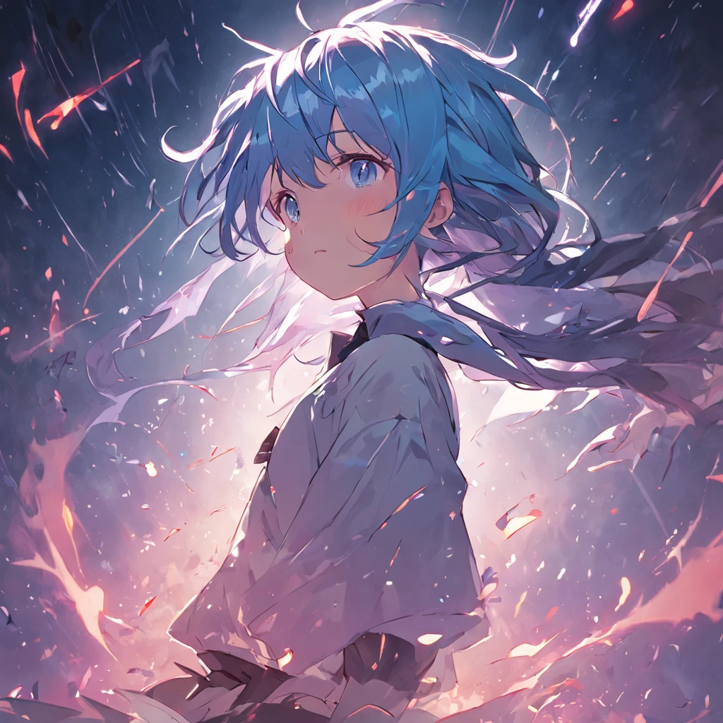 Stability、High quality、girl with、Blue-haired、white t-shirts、Thunderbolt