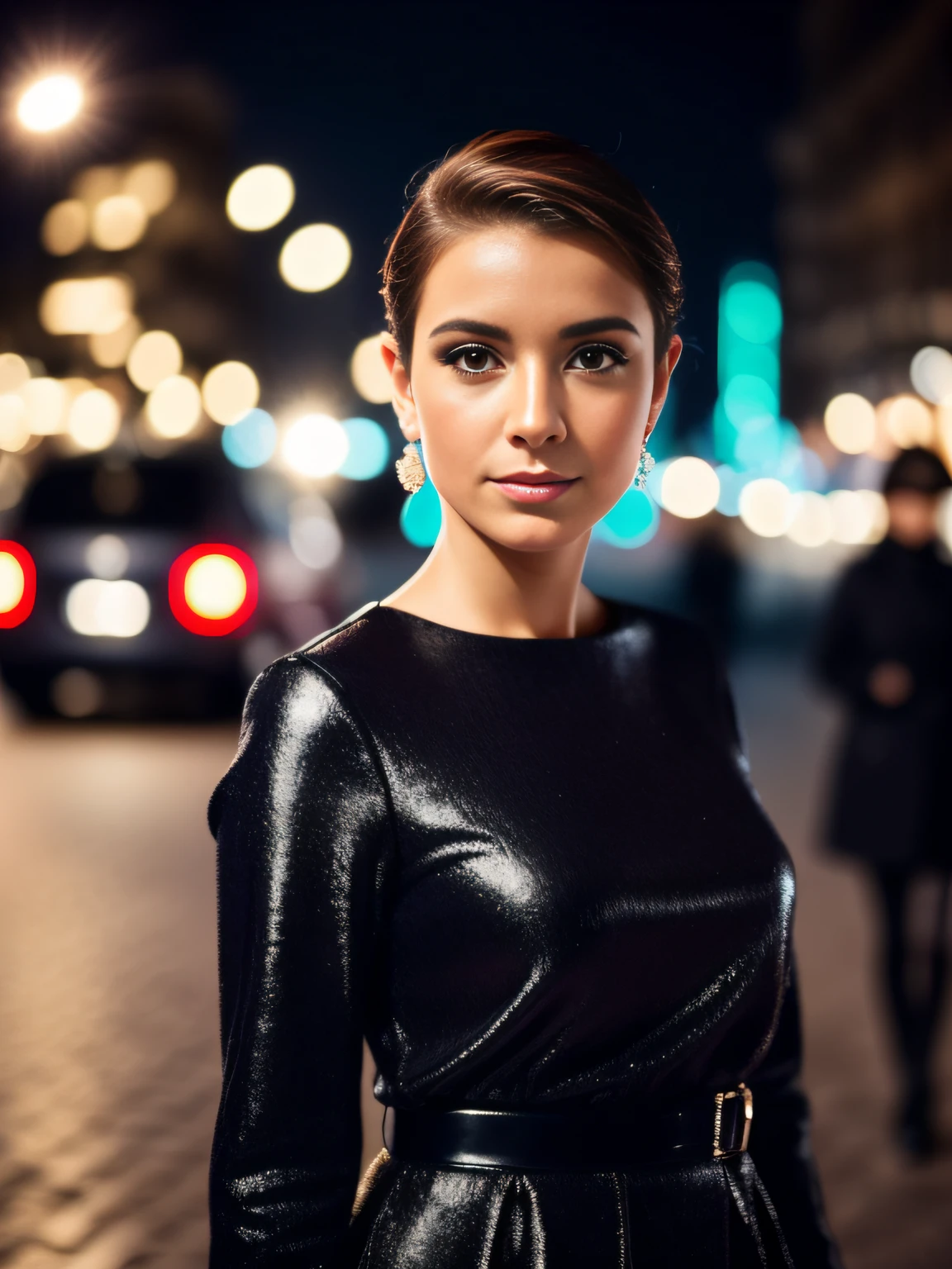 A photo portrait of beautiful, gorgeous, trending on Instagram and elegant french woman as a pop singer with short hairs in ((city night street bokeh)) in october, ((she stand in front of camera and looks at the viewer))