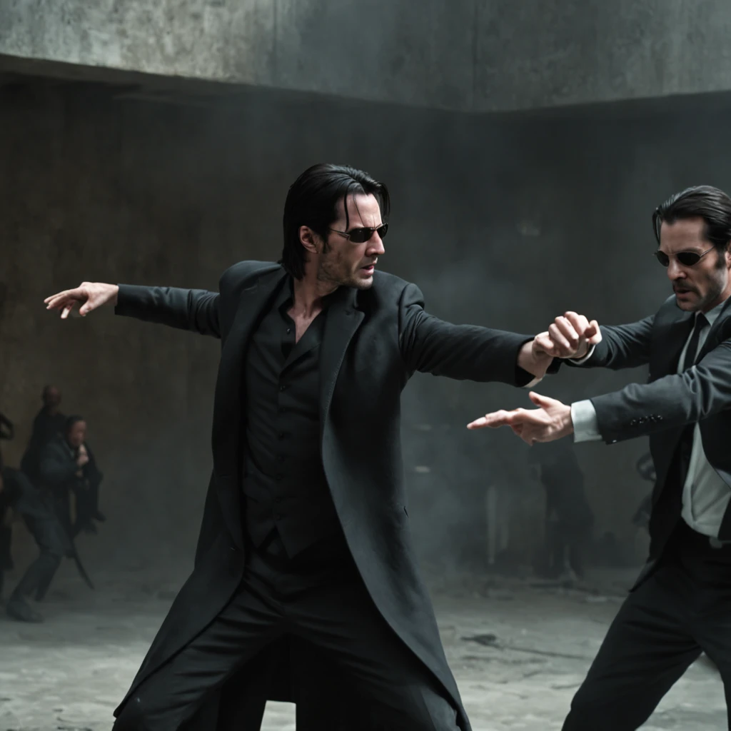 Create a full-length cinematic HDR still shot of Keanu Reeves as Neo, engaged in an intense hand fight battle against Agent Smith, from the 1999 Matrix film. This shot should capture the iconic showdown between these two characters. Keanu Reeves, portraying Neo, should be depicted in a dynamic and determined pose. The environment should be rendered in HDR, creating a cinematic atmosphere that enhances the visual impact of the scene. The lighting should be dark and dramatic, with shadows and highlights that emphasize the intensity of the battle. This shot should be highly detailed, showcasing every aspect of Neo's appearance, attire, and expression in an 8K resolution. Neo should be dressed in the iconic attire from the Matrix universe, including his trench coat and sunglasses. His expression should convey the ferocity and determination of the battle. This digital artwork should aim for a realistic and dramatic feel, capturing the essence of the Matrix film's iconic fight scenes.