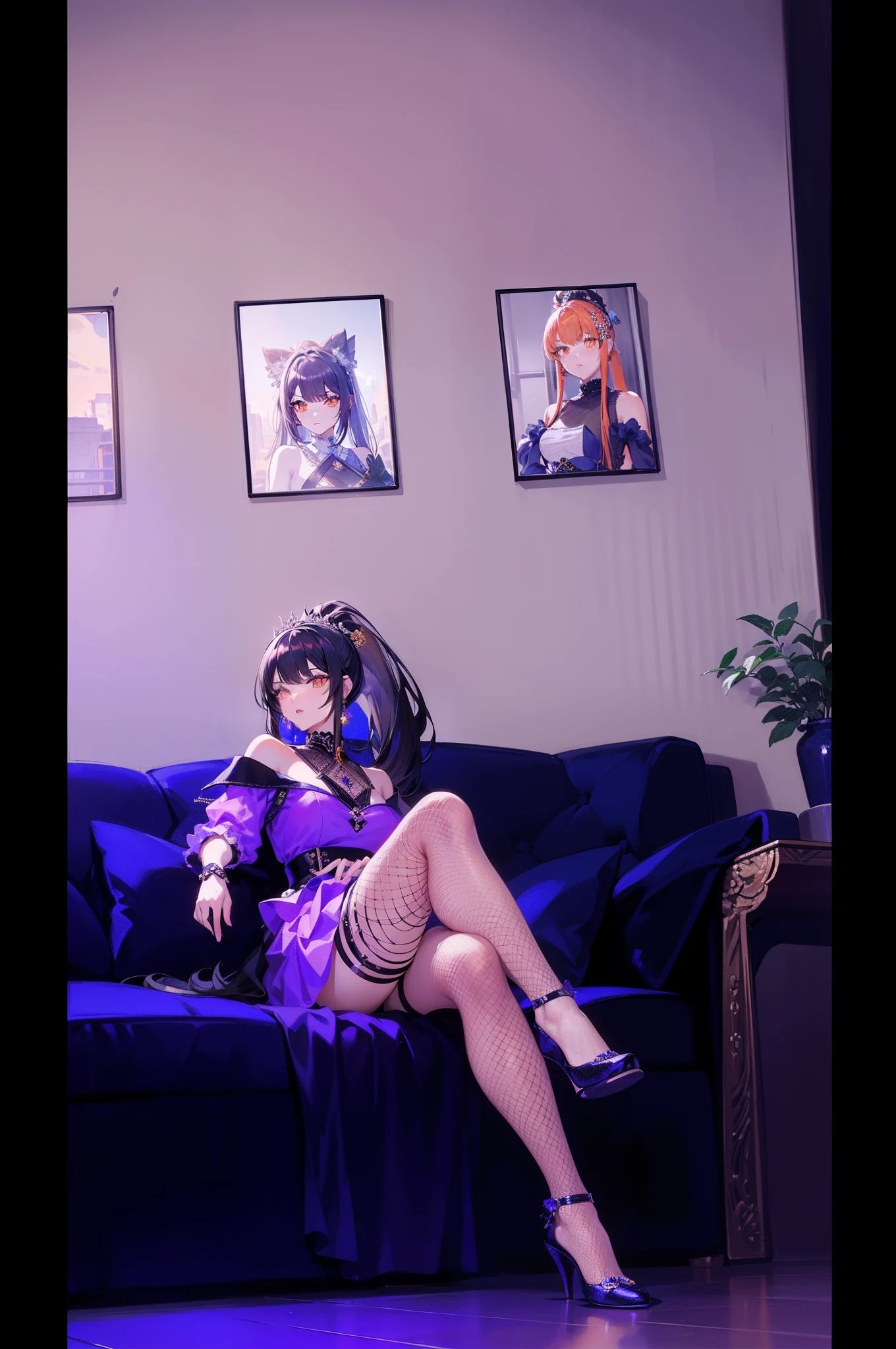 Akiyama Rinko,   1 girl, Alone,   Blue Hair, langes Haar,   purple eyes, hair between the eyes, lipstick, parted lips, Body,  Look at the observer ,  sitzende Body  , inviting, The pictured   ,  full body photo ,  legs crossed ,  hands below the chest against the body 