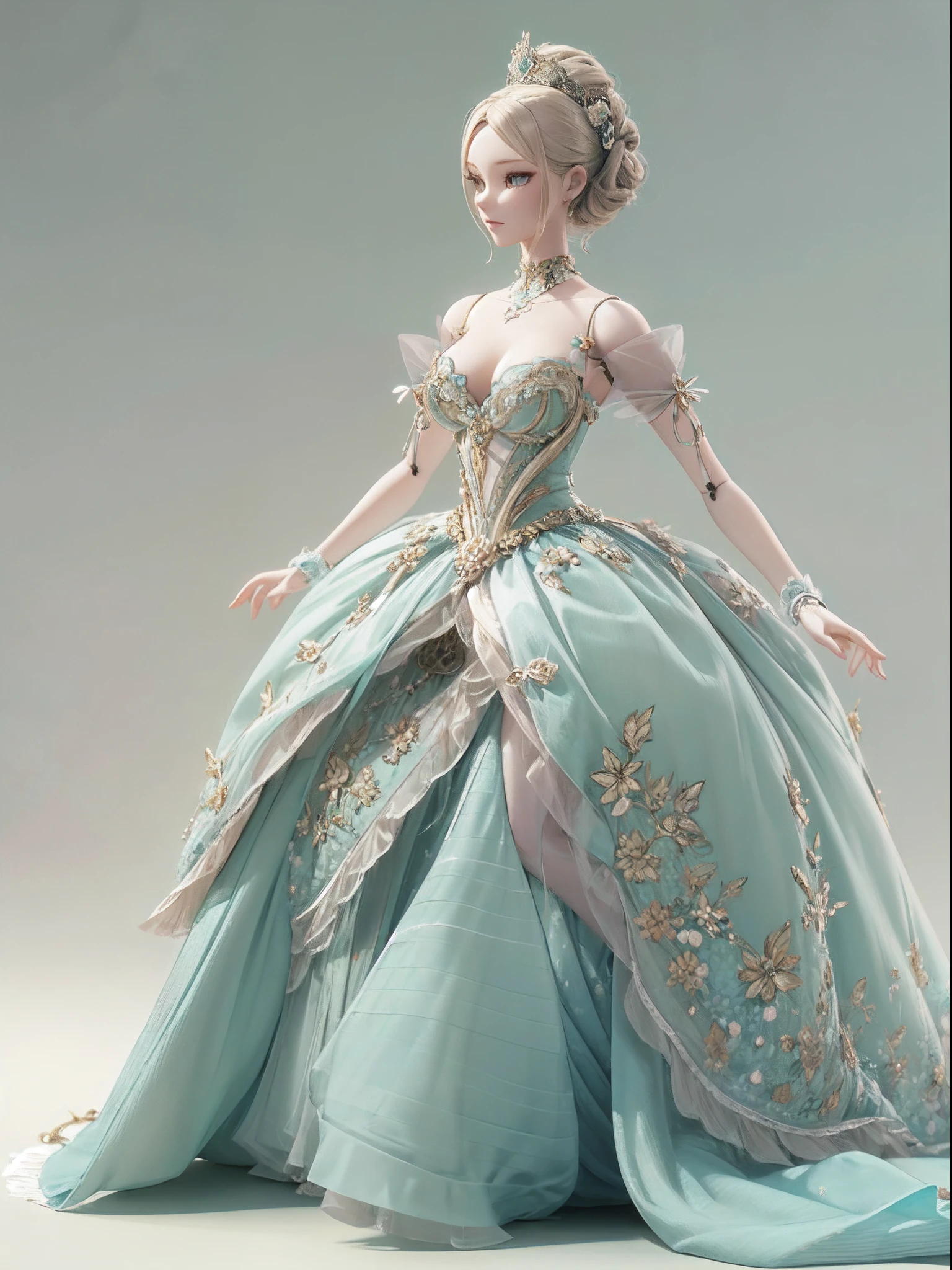 In a soft 3D rendering, a beautiful ball-jointed doll stands gracefully. She is dressed in a luxurious gown, the fabric flowing elegantly around her. The doll's delicate features are expertly crafted, and she exudes an air of sophistication and refinement. It's a stunning image, full of beauty and detail.