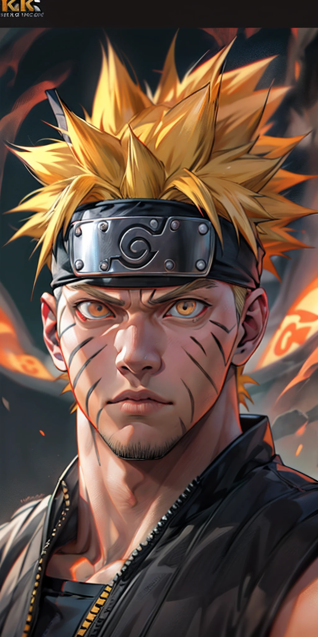 Naruto, Naruto uzumaki, Create a mascular Naruto uzumaki avatar, a close badass look. Inspired by Naruto uzumaki from Naruto, photo (photorealism) (realistic) (ultra HD) (8k wallpaper) (fine details) (extreme details on face)