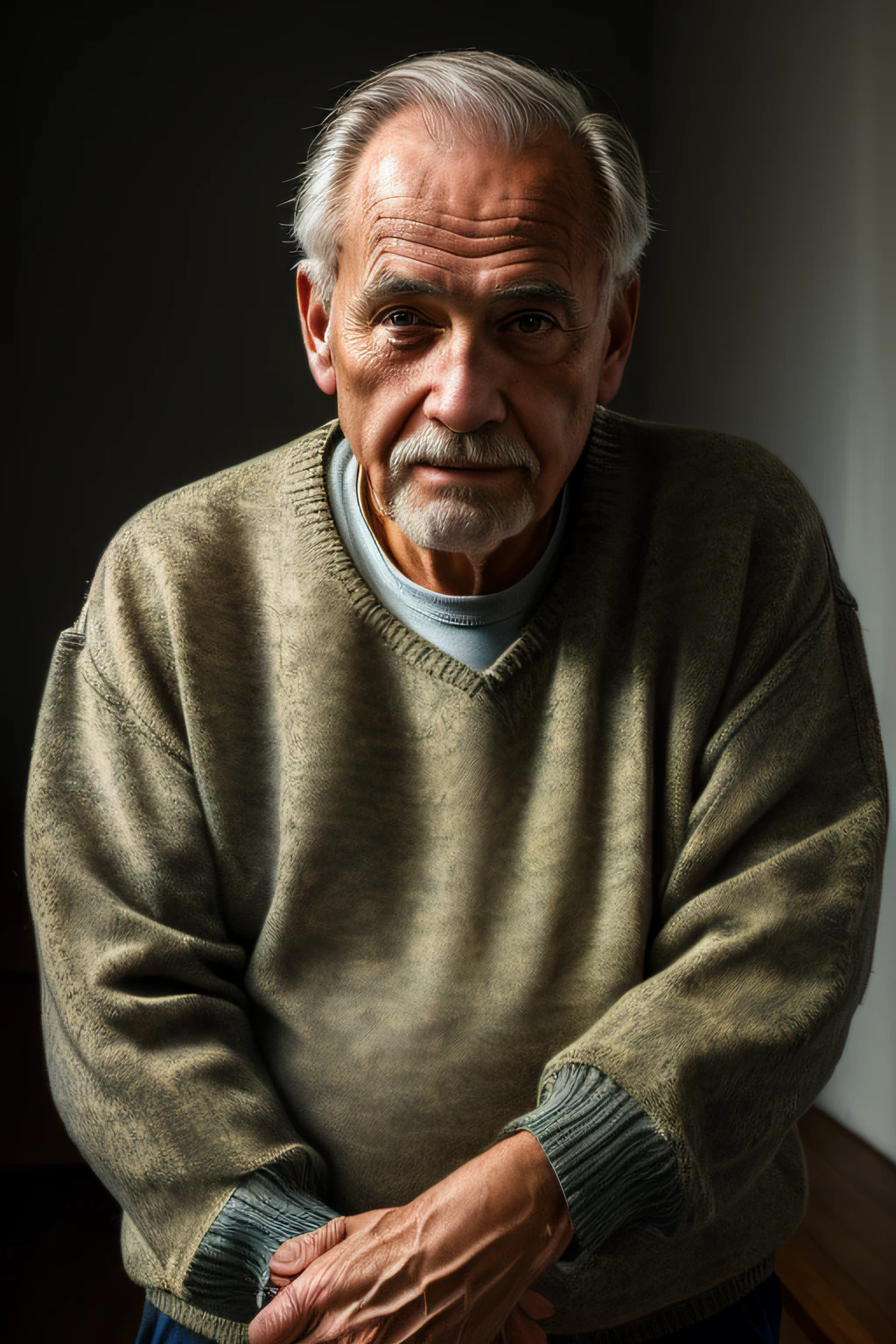 (masterpiece, photorealistic, raw,:1.4), (extremely intricate:1.2), close up, cinematic light, sidelighting, ultra high res, best shadow, RAW, upper body, old man, wearing pullover,