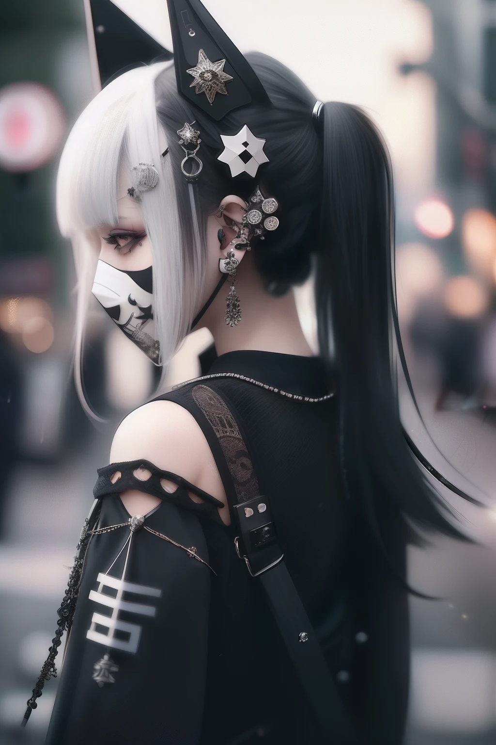 head phone、A dark-haired、A dark-haired、A black、goth_punk, 1girl in, 独奏, medium shot, Walking in Harajuku, ((during night)), bokeh dof, Neon light, Iridescent eyes, starrysky, White shiny hair, White eyebrows, Radiant hair, (iridescent white hair), 耳Nipple Ring, bangss, jewely, masks, bluntbangs, verd s eyes, Mouth mask, blurry backround, bblurry, hair adornments, Look at viewers, shorth hair, portraitures, side locks