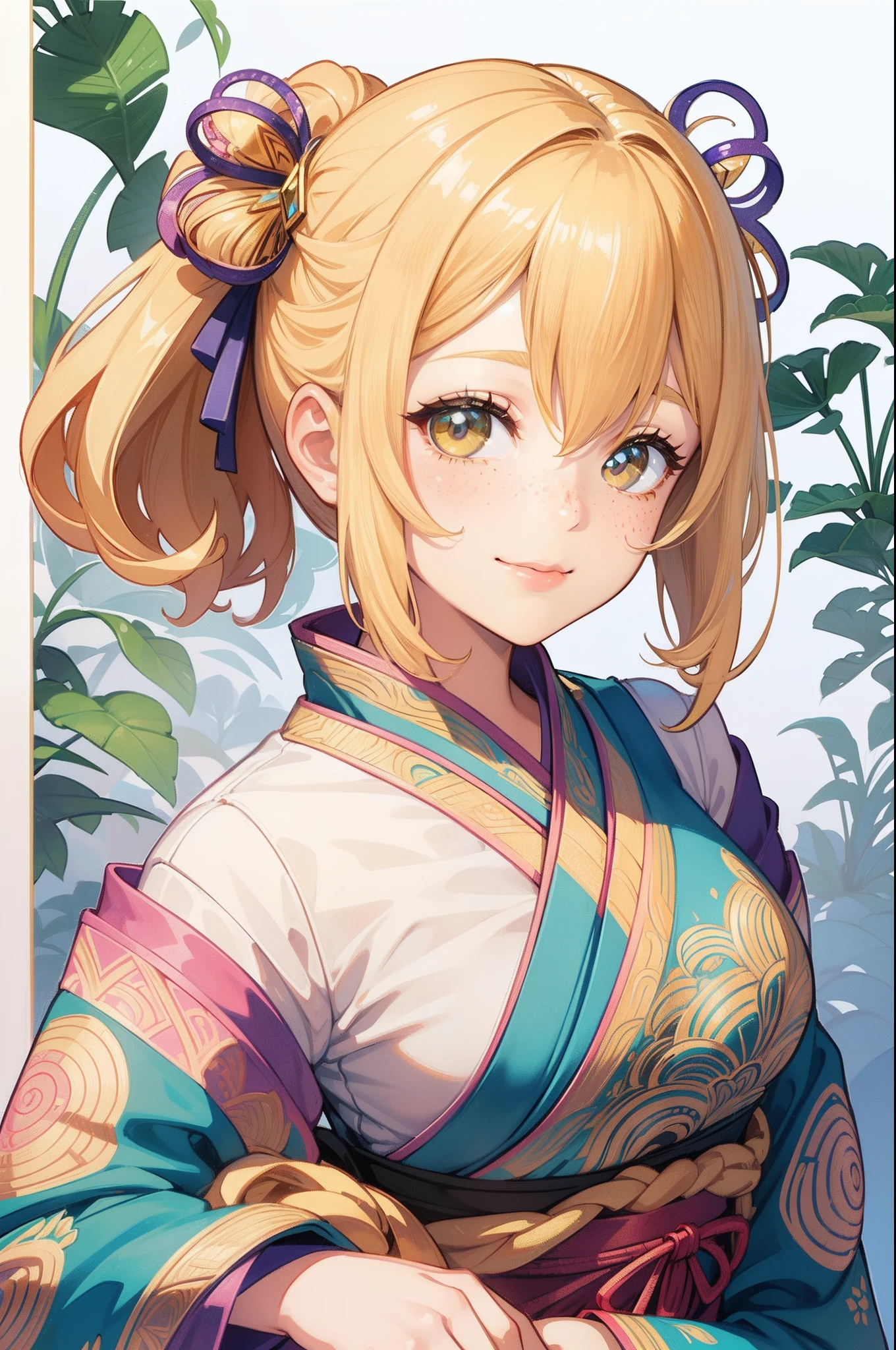 (Masterpiece), (best quality), illustration of young girl with freckles、blushed, anime、 1. **fashion**: wearing Japanese Yukata or Kimono attire, 2. **hairstyle on**: tie her hair up, hair color is platina blond, transparent and shining hair, 3. **Features**: (big yellow crystal eyes), girl features with soft features、Beautiful、warm atmosphere, intelligent Beatty, Beautiful, smiling, happy, thinking about her boyfriend, looking to the viewers, 4. **accessorized**:Accessories play important role to express her feeling, By drawing accessories with attention to detail、You can give your character personality. 5. **background**: (white background:1.4), (shining brightly), ((dazzling)), ((3D)), ((paper art:1.3)), (((colorful tone))), (Art Nouveau illustration:1.3,zentangle art:1.3, paper art:1.4), (Reasonable design, Clear lines, High Sharpness, Best Quality, Very detailed, masterpiece, Movie Light Effects, 8K), (3D), Colorful, Happy,